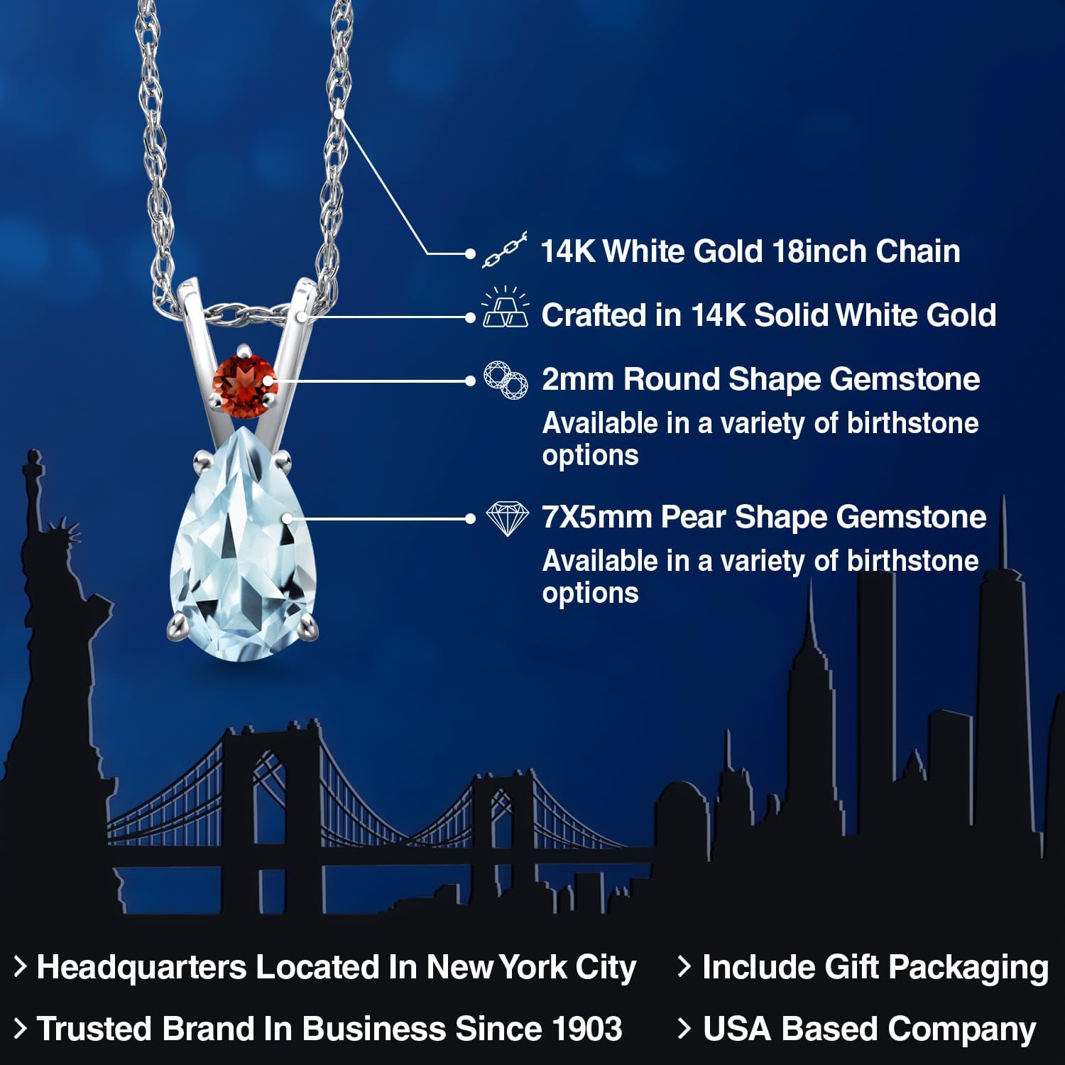 Gem Stone King 14K White Gold Sky Blue Aquamarine and Red Garnet Pendant Necklace for Women | 0.70 Cttw | Gemstone March Birthstone | Pear Shape 7X5MM | With 18 Inch Chain - Image 2