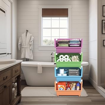 4-Pack Plastic Stackable Storage Baskets, Colored Stacking Bin | Multi-color organization, space-saving stackable design, stacks securely to save closet, shelf, and pantry space