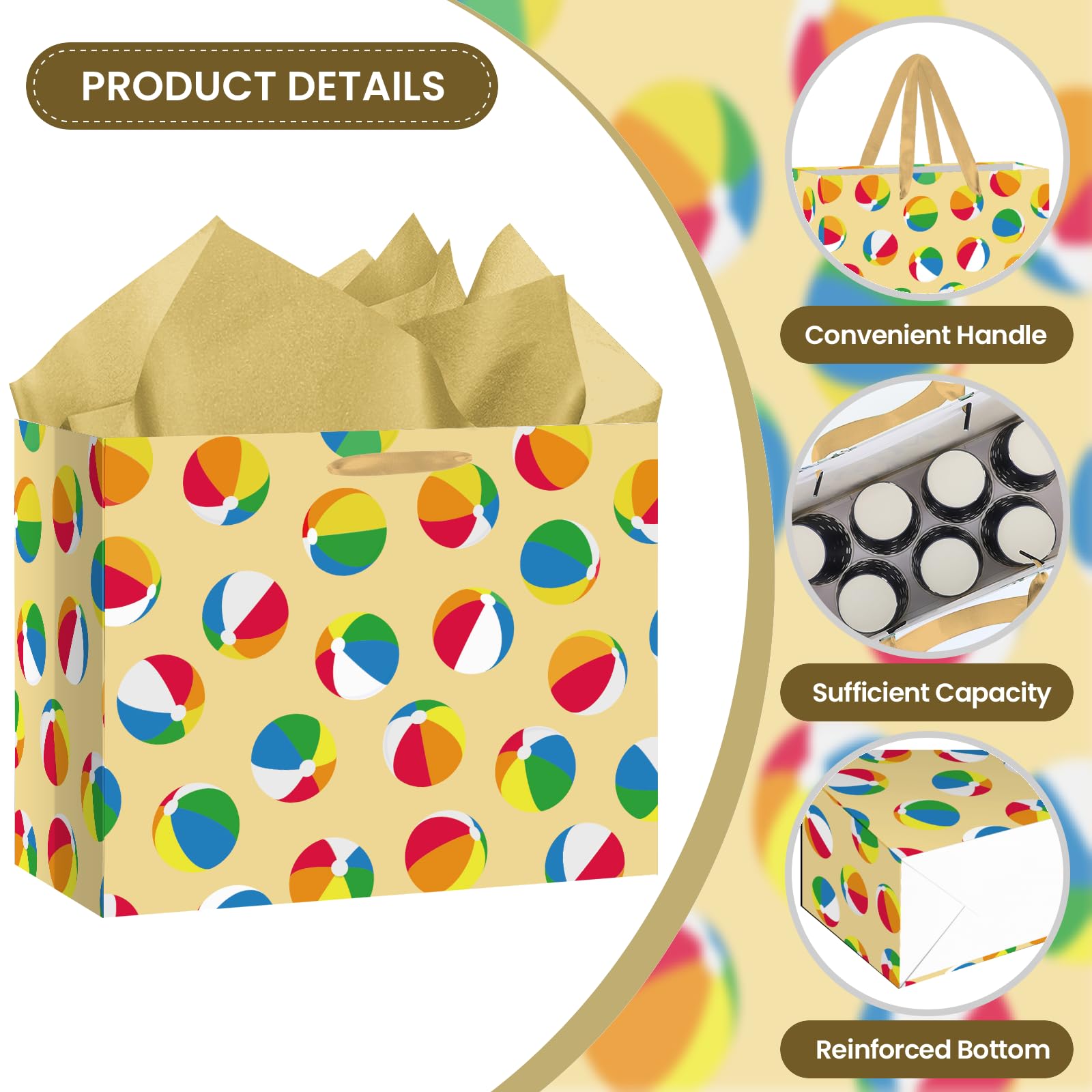 Woosytoo Beach Ball Gift Bag with Tissue Paper and Card - Colorful Summer Pool Party Gift Wrapping Bag - Hawaiian Luau Theme Birthday Present Sack for Kids Boys Girls Women Men