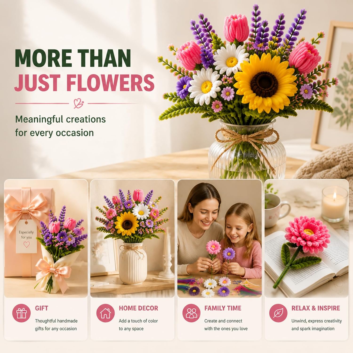 800 Pcs 13 Colors Pipe Cleaners Flowers Kit, Pipe Cleaner Bulk Craft Flower Making Kit with Floral Wires, Ribbon, Stamen and Glue Gun, Perfect for Art DIY Flowers Craft