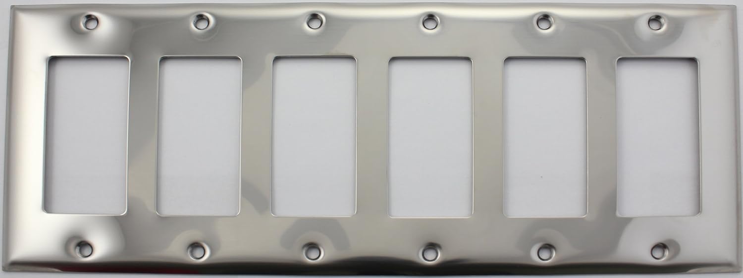 Polished Chrome 6 Gang GFI Rocker Opening Wall Plate - 6 GFI