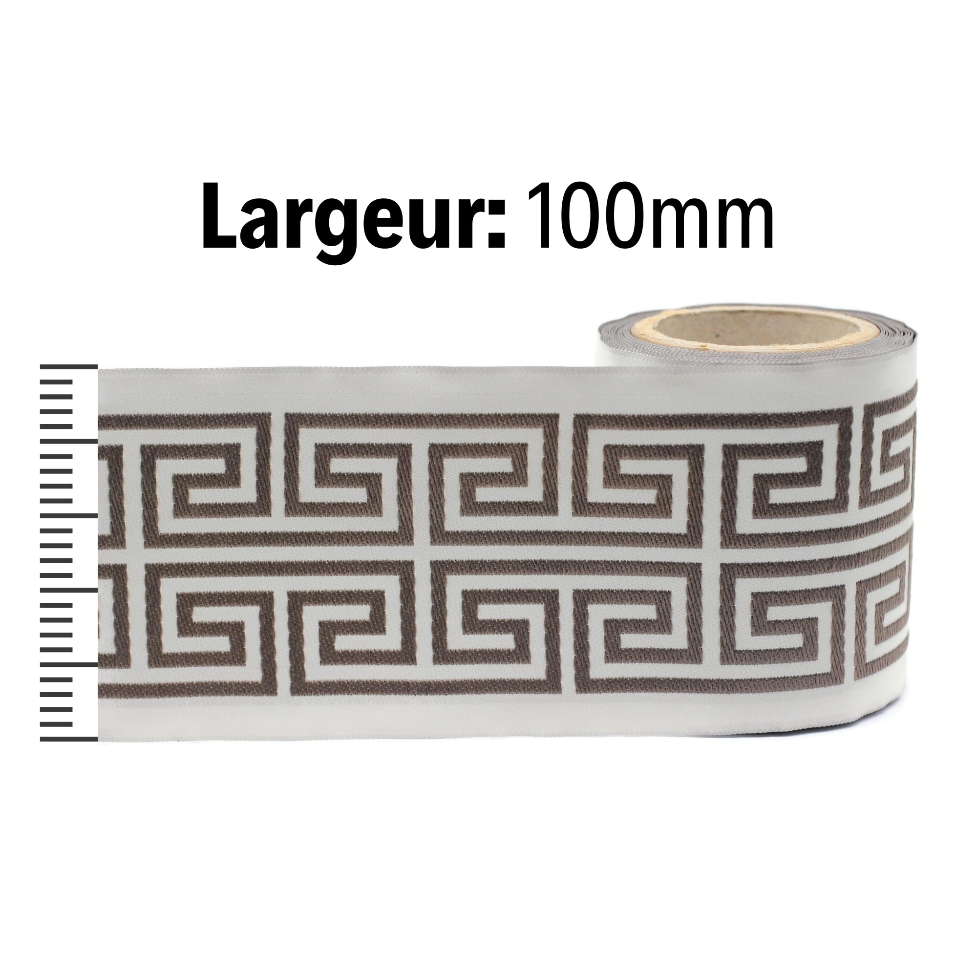 Taśma dekoracyjna 100 mm kość słoniowa i taupe grecki wzór meander, taśma tekstylna do zasłon, umeblowania i majsterkowania, taśma 3,5 m na szpulę, eleganckie wykończenie do projektów kreatywnych