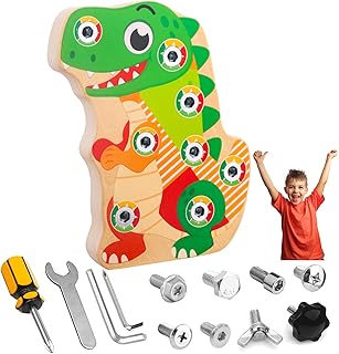 Liangding Montessori Dino Wooden Screw Board - Busy Board Motor Skills Board Educational Toy to Promote Fine Motor Skills Educational Toy Gift Idea for Children Boys Girls from 3 Years
