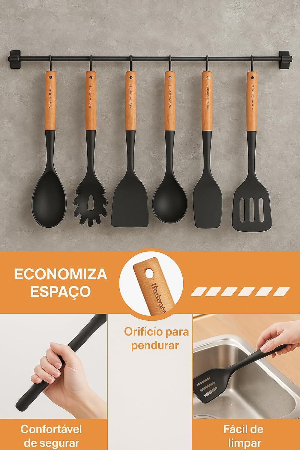 Kit Utensílios de Cozinha Utensílios de Silicone com Cabo de Madeira Resistentes ao Calor Antiaderente Espátulas e Conchas Durável e Ergonômico Elegante e Funcional