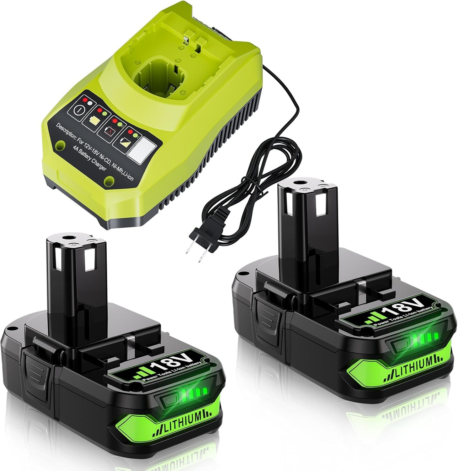 Bonacell 2Pack 18V 4000mAh Replacement for Ryobi 18V Battery and Charger Kit Combo for Ryobi Battery 18 Volt ONE+ P108 P107 P104 P105 P102 P103 260051002 P117 P118 P113 BCL1418 Cordless Tools