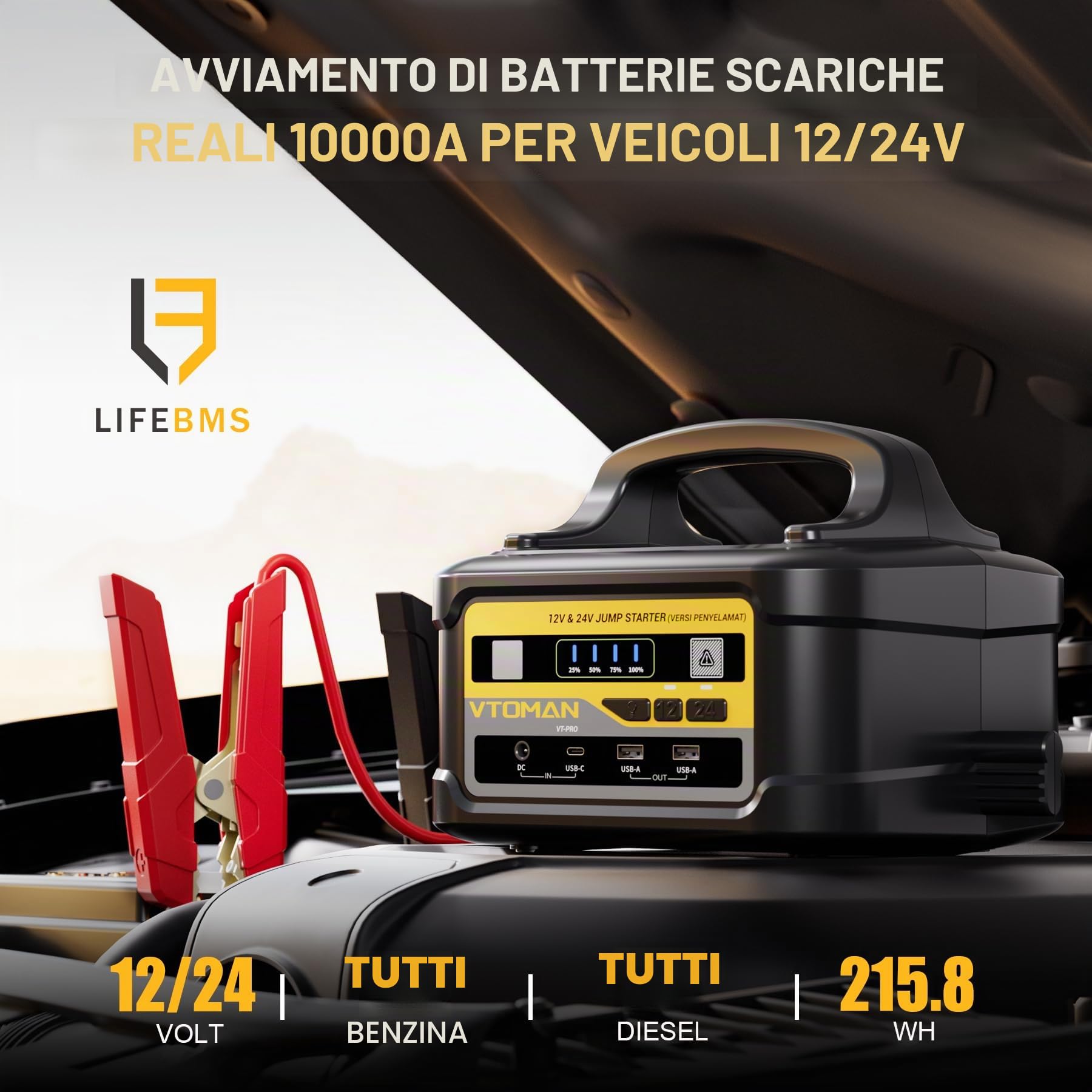 VTOMAN VT-PRO 10000A Power Bank 12V/24V – Batteria Portatile 58800mAh per Auto con Ricarica Rapida 145W, Avviatore per Camion, Camper e Yacht (Compatible con Tutti i Motori a Benzina e Diesel)