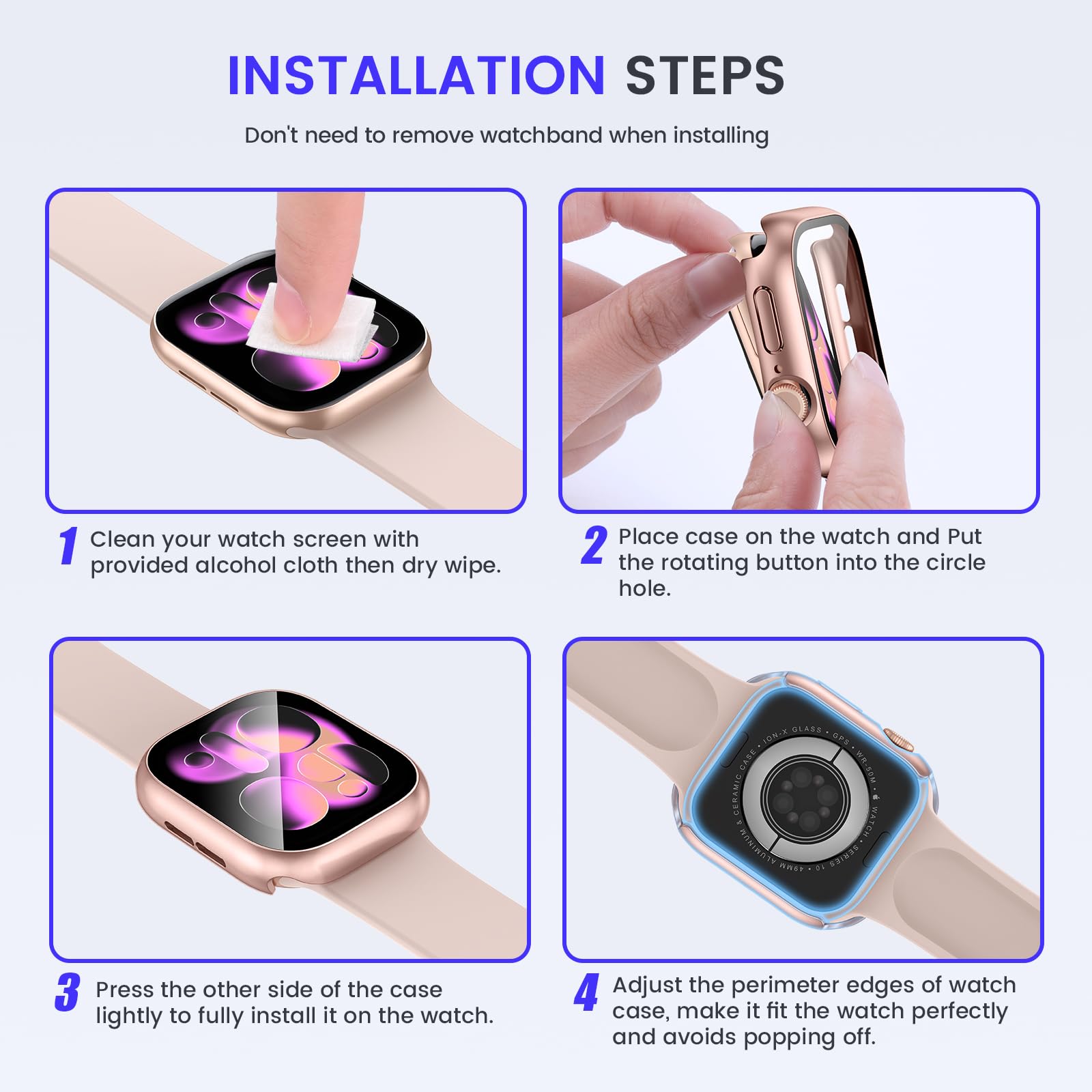 Kamita Wodoodporne etui kompatybilne z Apple Watch Series 10 42 mm z wbudowaną folią ochronną ze szkła hartowanego, twarde etui ochronne z poliwęglanu (różowe złoto)