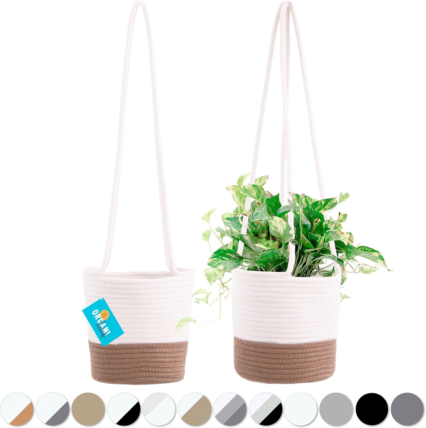OrganiHaus Set of 2 Jute Rope Hanging Baskets for Plants 8x8 | Hanging Macrame Planters & Woven Plant Basket | Hanging Plant Basket for Indoor Plants | Hanging Plant Pots for Plants - Honey/Off-White