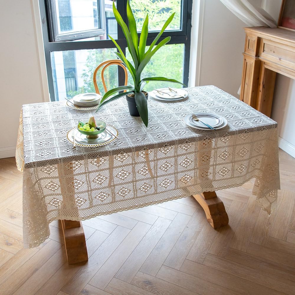 Retro-Häkeltischdecke, extra lang, beige, rechteckig, Spitzentischdecke für Esszimmer und Restaurant, Off-White, 85 x 85 cm