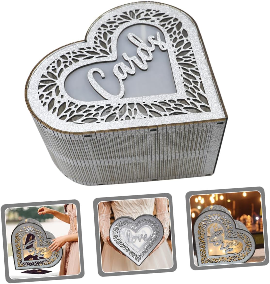 POPETPOP Heart Wooden Card Box with Hollow Glitter Design, Wood Storage Box for Blessing Cards and Envelopes, Wedding Anniversary Valentine’s Day Party Decoration