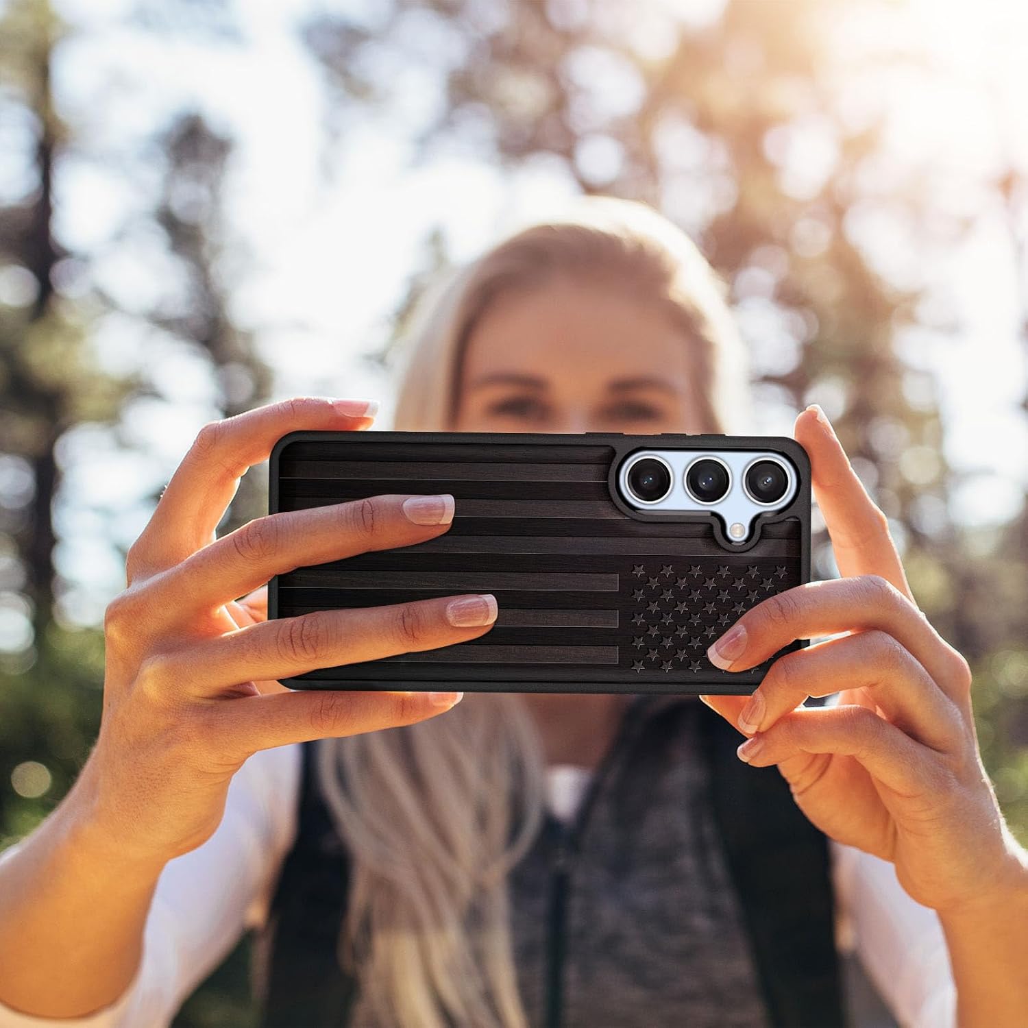 Carveit Wood Case for Galaxy S24 FE Case [Natural Wood & Black Soft TPU] Shockproof Protective Cover Unique Wooden Design Compatible with S24 FE (American Flag-Blackwood)