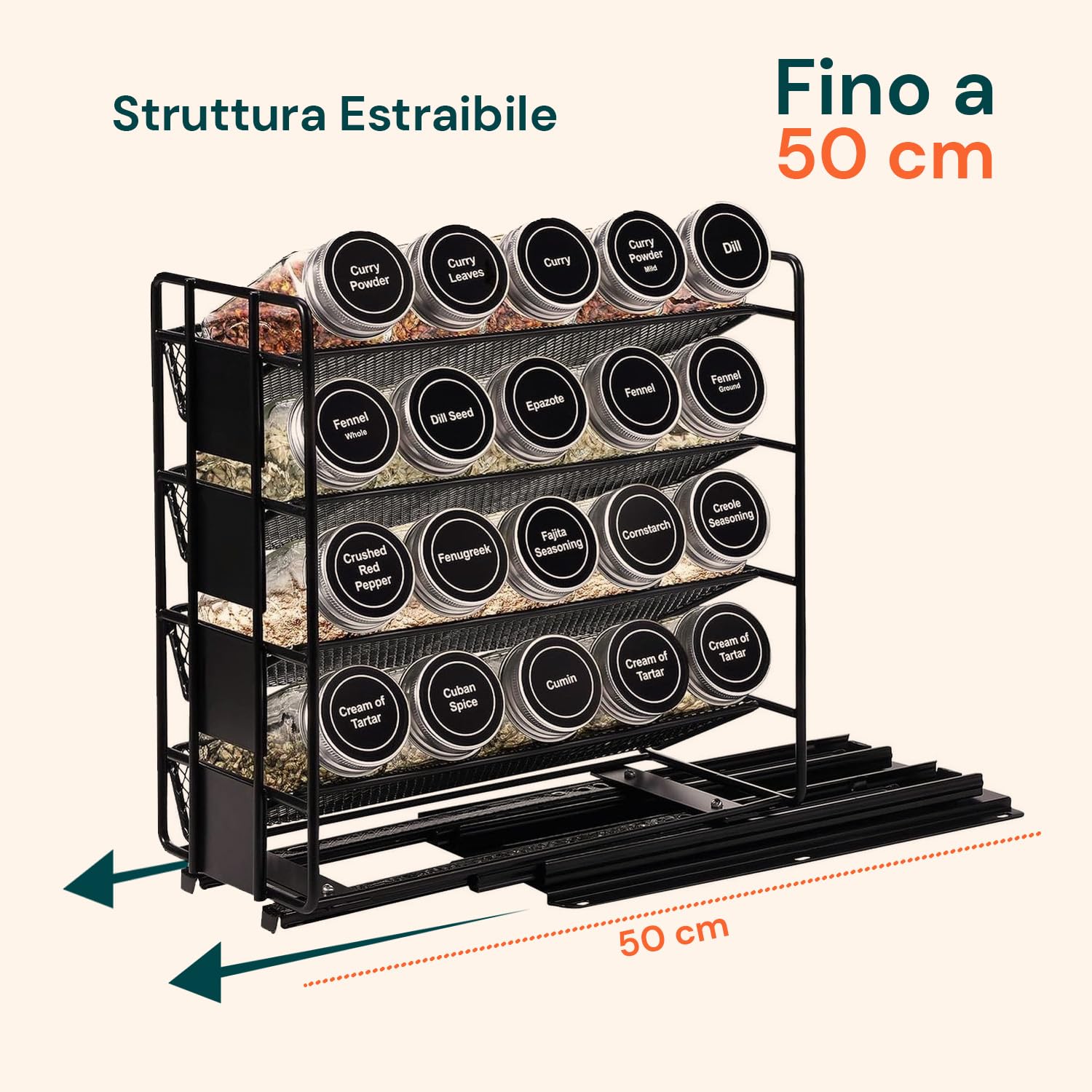 Avilia - Porta Spezie per Cucina con 20 Barattoli Vetro, Struttura Estraibile Salvaspazio, Etichette Impermeabili, Imbuto Silicone e Penna Inclusi