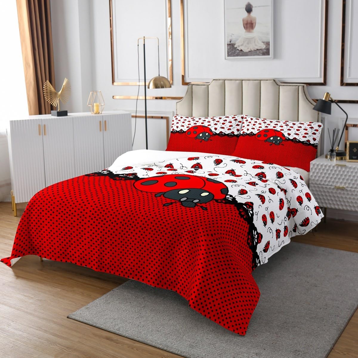 Castle Fairy Cute Ladybugs Bedspread Twin Size,Red Black Entomology Dots Bedding Set 2pcs for Kids Girls Women Room Decor,Cartoon Animals Comforter Set Vivid Natural Quilt Set,1 Pillowcase