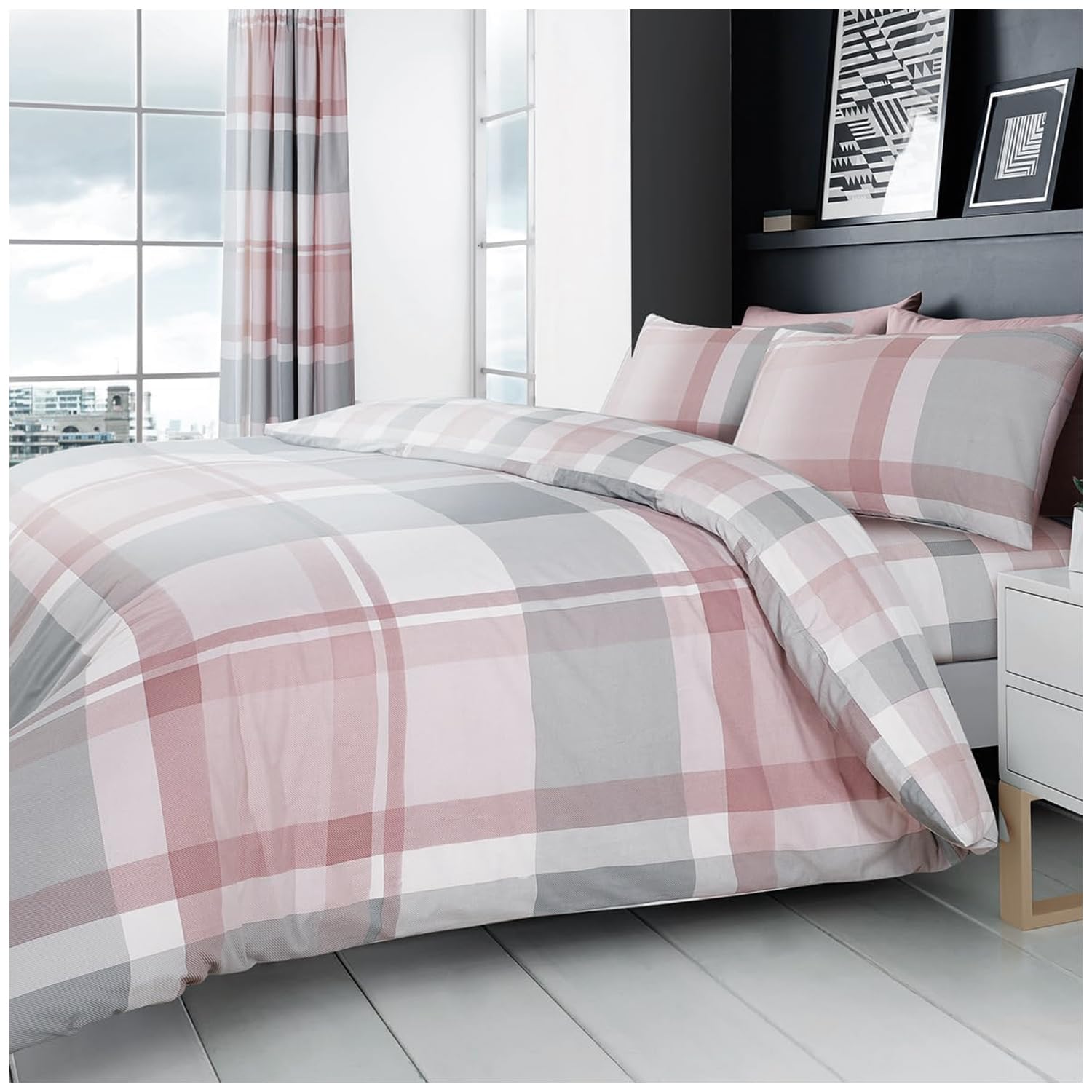 GC GAVENO CAVAILIA Tartan Bedding Double Duvet Set | Breathable Hypoallergenic Reversible Checkered Plaid Bedding Double Bed Set | Blush Pink