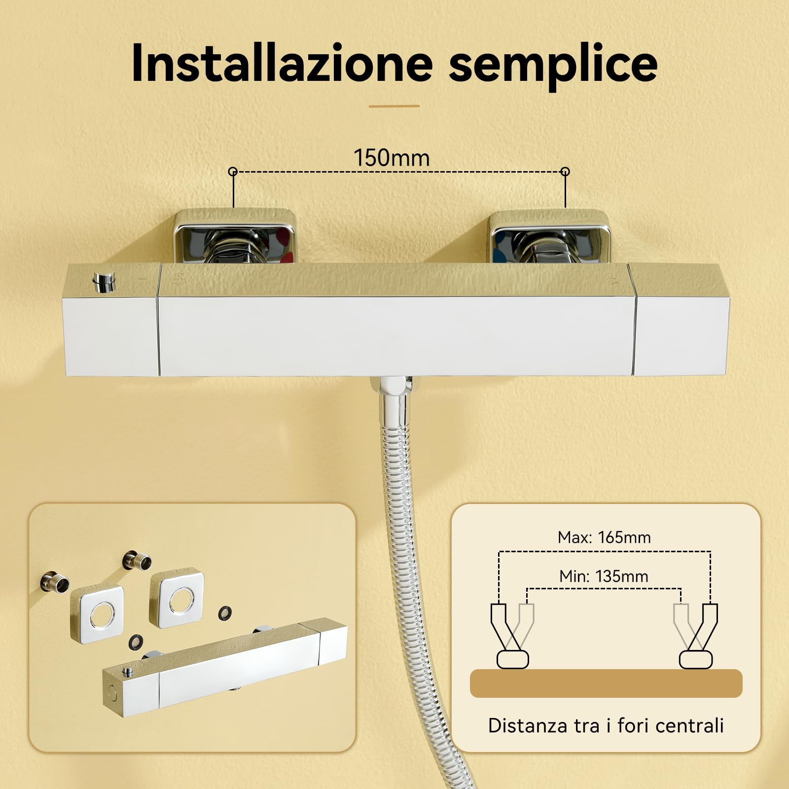 Auralum Miscelatore Termostatico Doccia Cromato Rettangolare, Rubinetto Doccia da Muro Esterno, Miscelatore Doccia con Deviatore per Asta Doccia Saliscendi con Soffione e Doccetta, per Vasca da Bagno