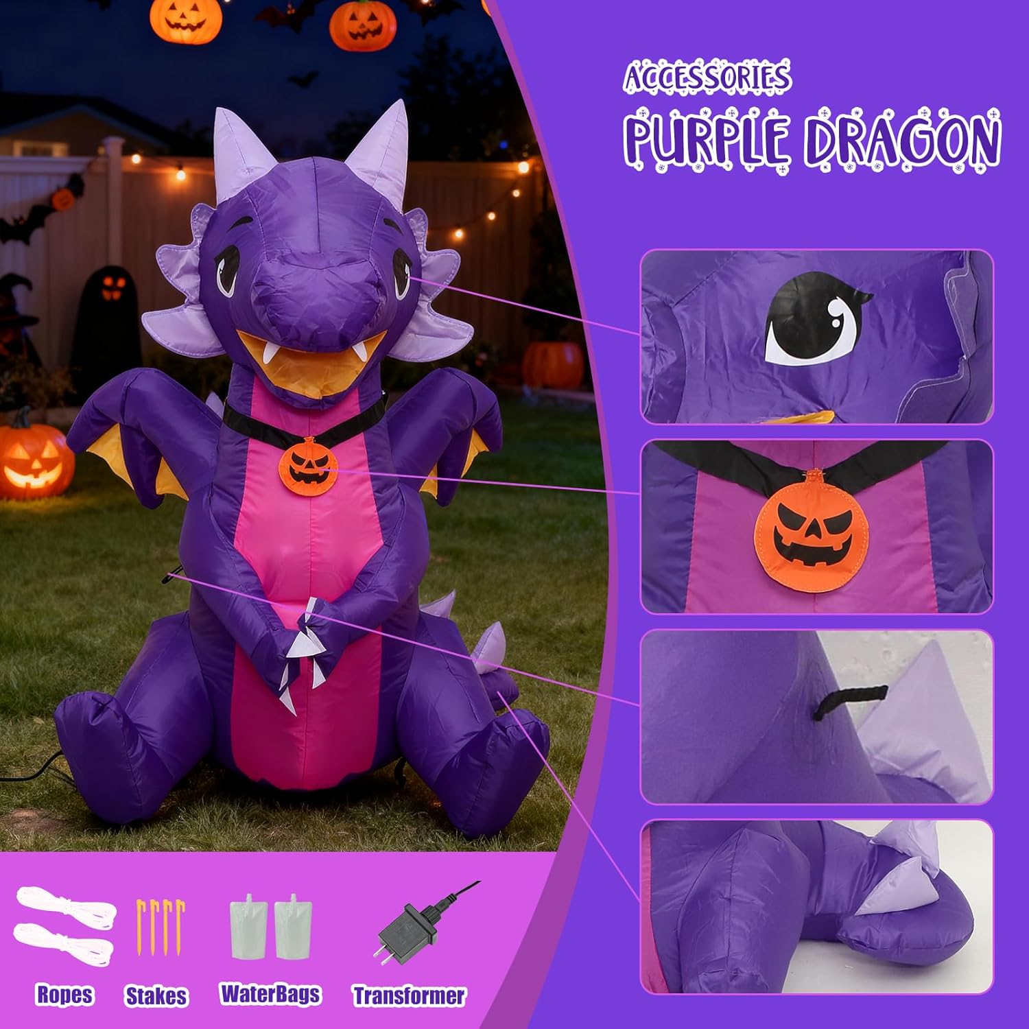 5 FT Halloween MiNi Dragon Inflatable Outdoor Decor, Cute Purple Mini Dragon Inflatable with Built-in LED Lights for Yards, Perfect for Indoor Parties, Garden Lawns & Holiday Decorations