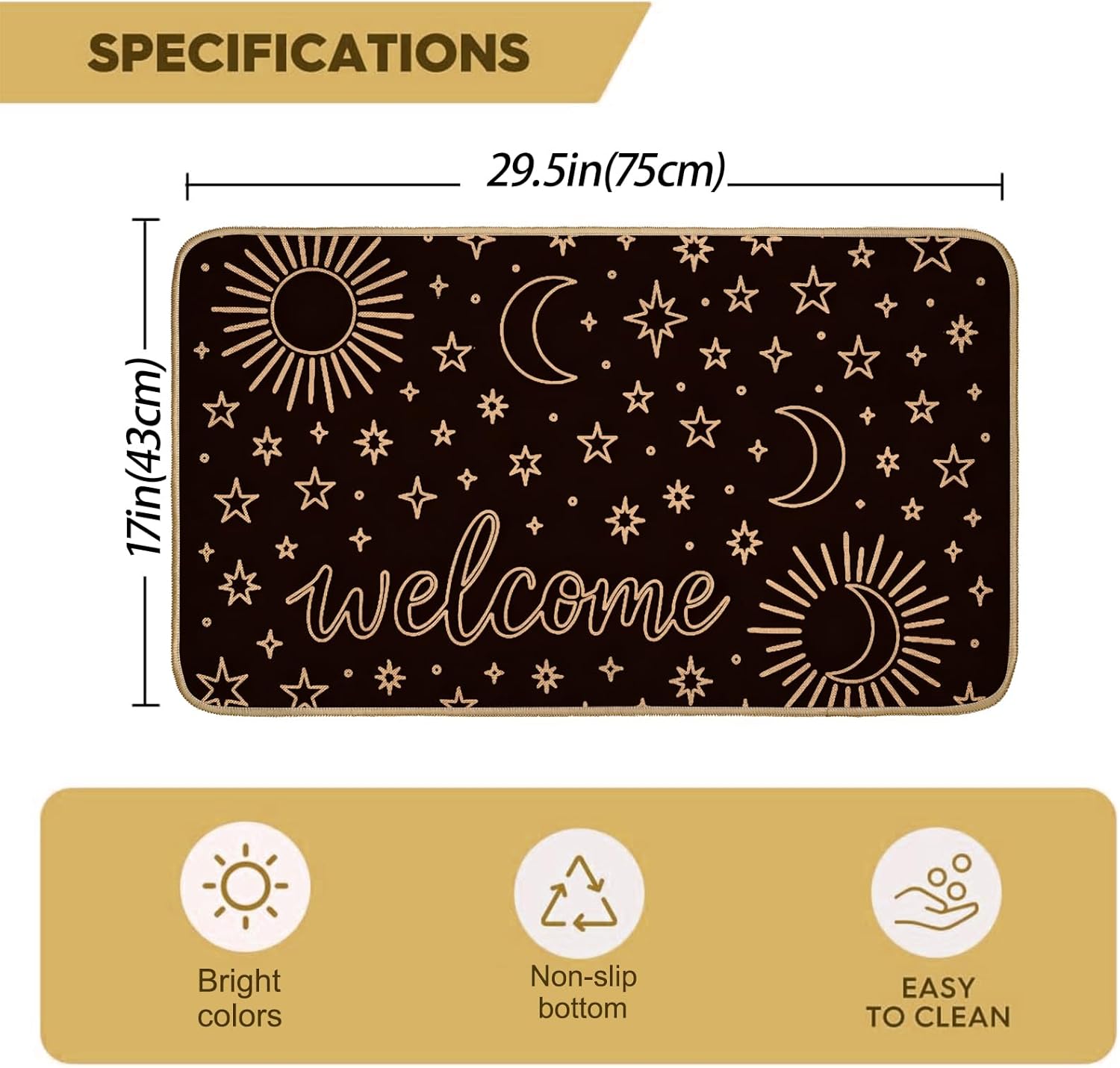 Starry Sky Welcome Door Mat,29.5x17inch,Indoor Outdoor Linen Floor Mats with Sun Moon Star and Night,Non-Slip Rubber Backing Doormat,Decor Gifts Rug for Entrance Kitchen Bedroom Staircase