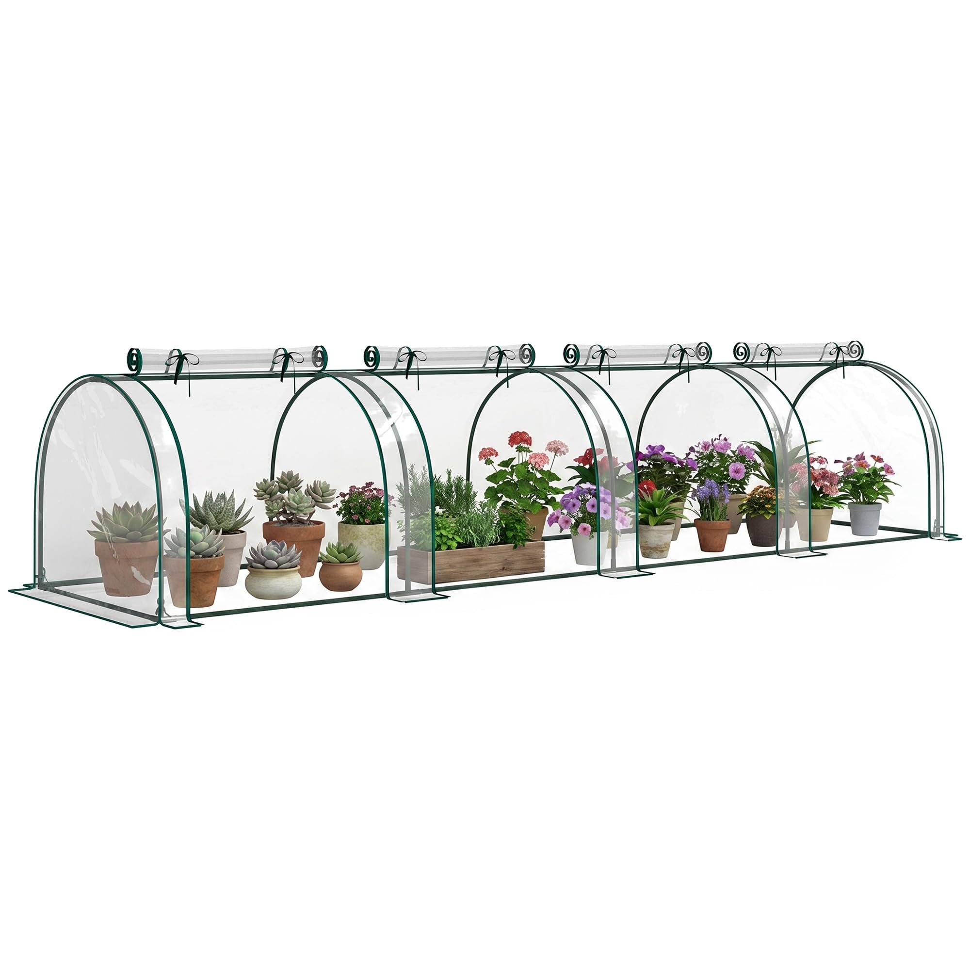 Outsunny Mini Serre de Jardin, Mini Serre Tunnel, Serre à Tomates 3,95L x 1l x 0,8H m, Acier, PVC Haute Densité Anti-UV, 4 Fenêtres avec Zip Enroulables, Vert et Transparent