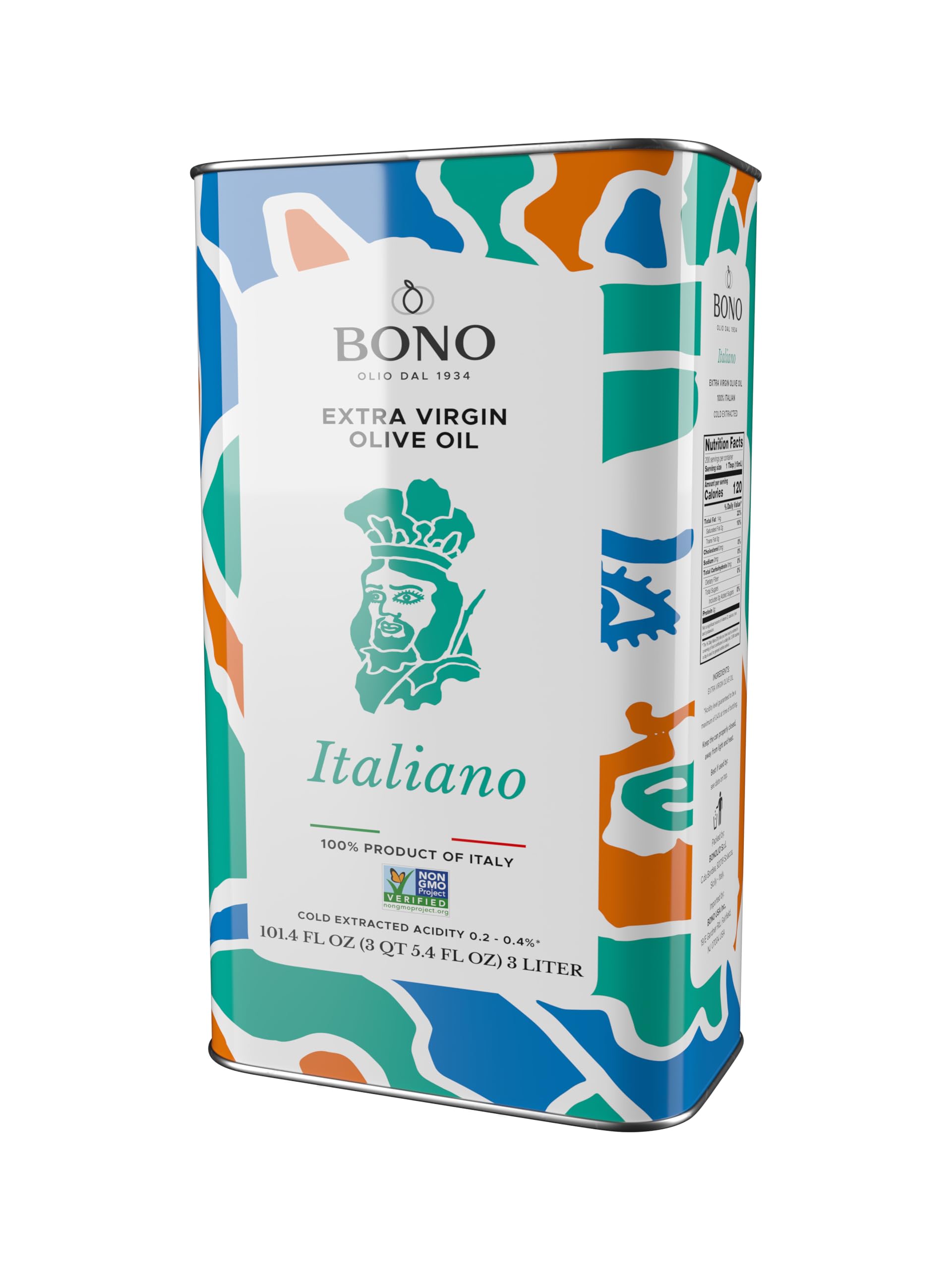 BONO Italian Extra Virgin Olive Oil, 101.4 Fl Oz (3L) – Cold Extracted EVOO from Sicily & Puglia – Biancolilla, Cerasuola, Nocellara del Belice & Coratina Olives – Non-GMO Project Verified