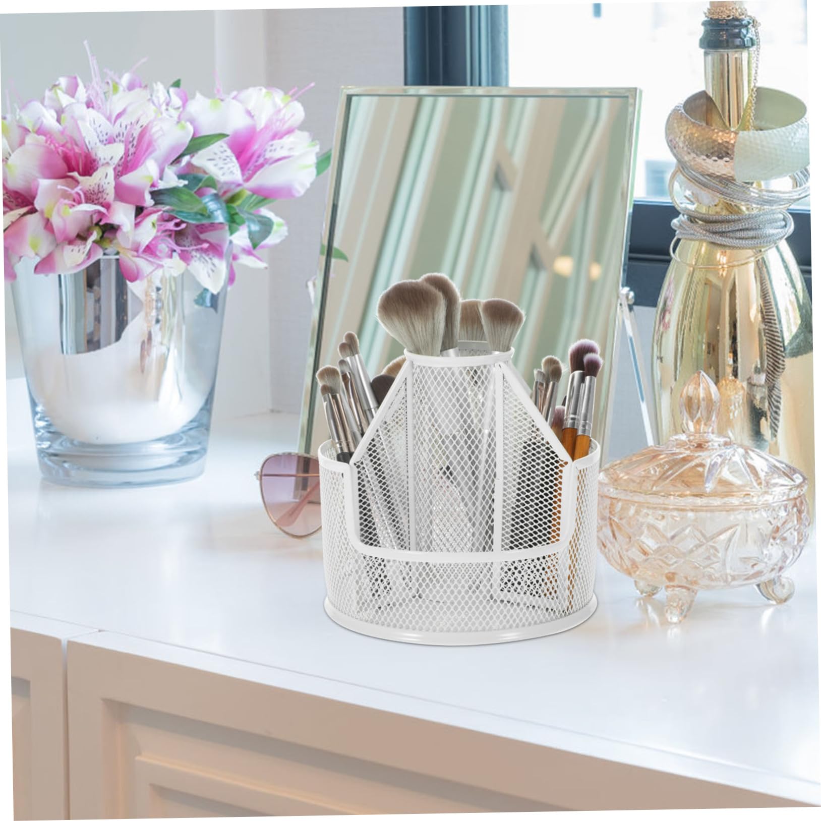STOBOK Portapenne Rotante da Scrivania in Metallo Grande Capacità, Organizer Desktop Elegante per Decorazioni Scuola e Porta Pennelli Cosmetici 360 Gradi