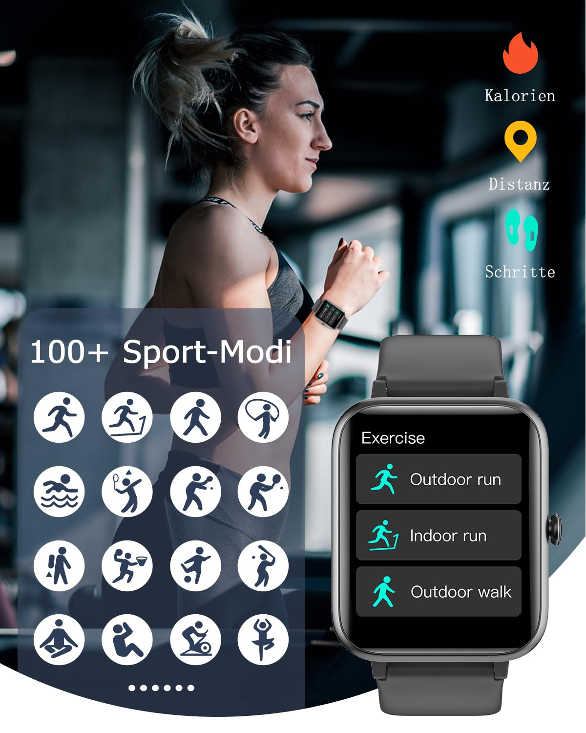 GRV Smartwatch Damen Herren 1.85" HD Fitnessuhr Telefonfunktion SpO2 Herzfrequenz Schlafmonitor Schrittzähler KI-Sprachsteuerung 100+ Sportmodi IP68 Wasserdicht iOS Android