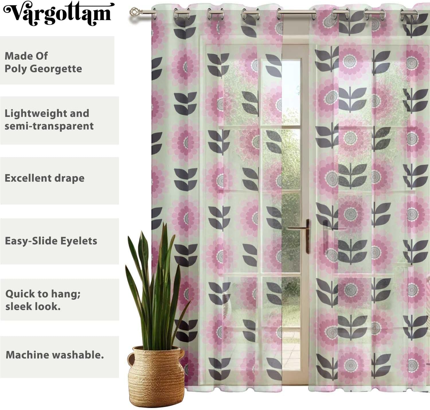 Flower Print Sheer Curtains for Short Windows - Set of 2 Panels, 63", Grommet Top, Printed Georgette, Light Filtering Drapes for Kitchen or Bedroom