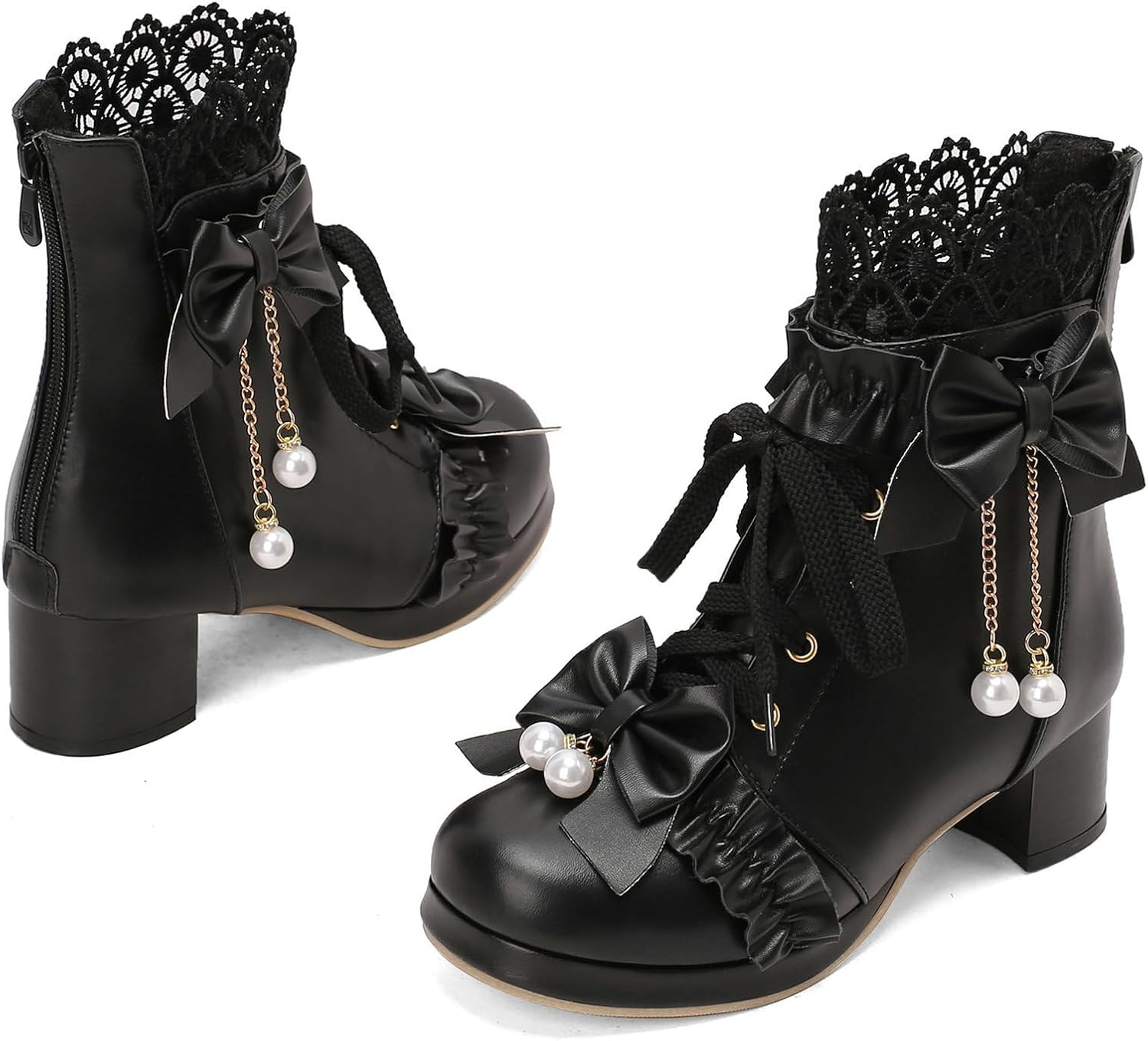 LUXMAX Women Lace Up Ankle Boots with Bow Kawaii Shoes Chunky Mid Heel Japanese Cosplay Shoes Platform Cute Lolita Boots - Image 5