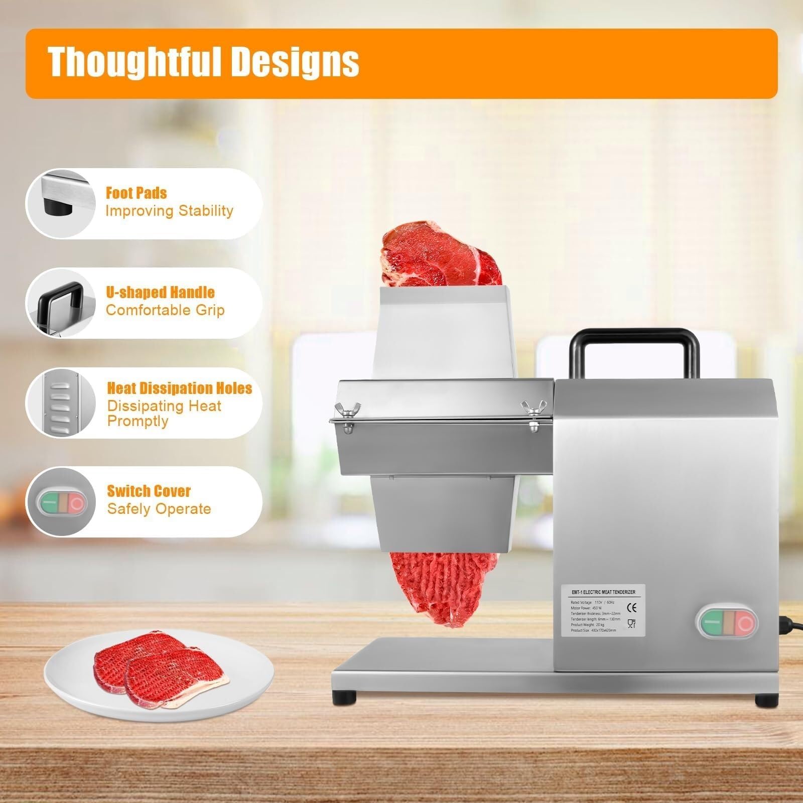 Elektrischer Fleischklopfer, 450 W Edelstahlmaschine mit 48 Klingen, ideal für Huhn, Fisch und Steak, kommerzielle Qualität, Küchenwerkzeug