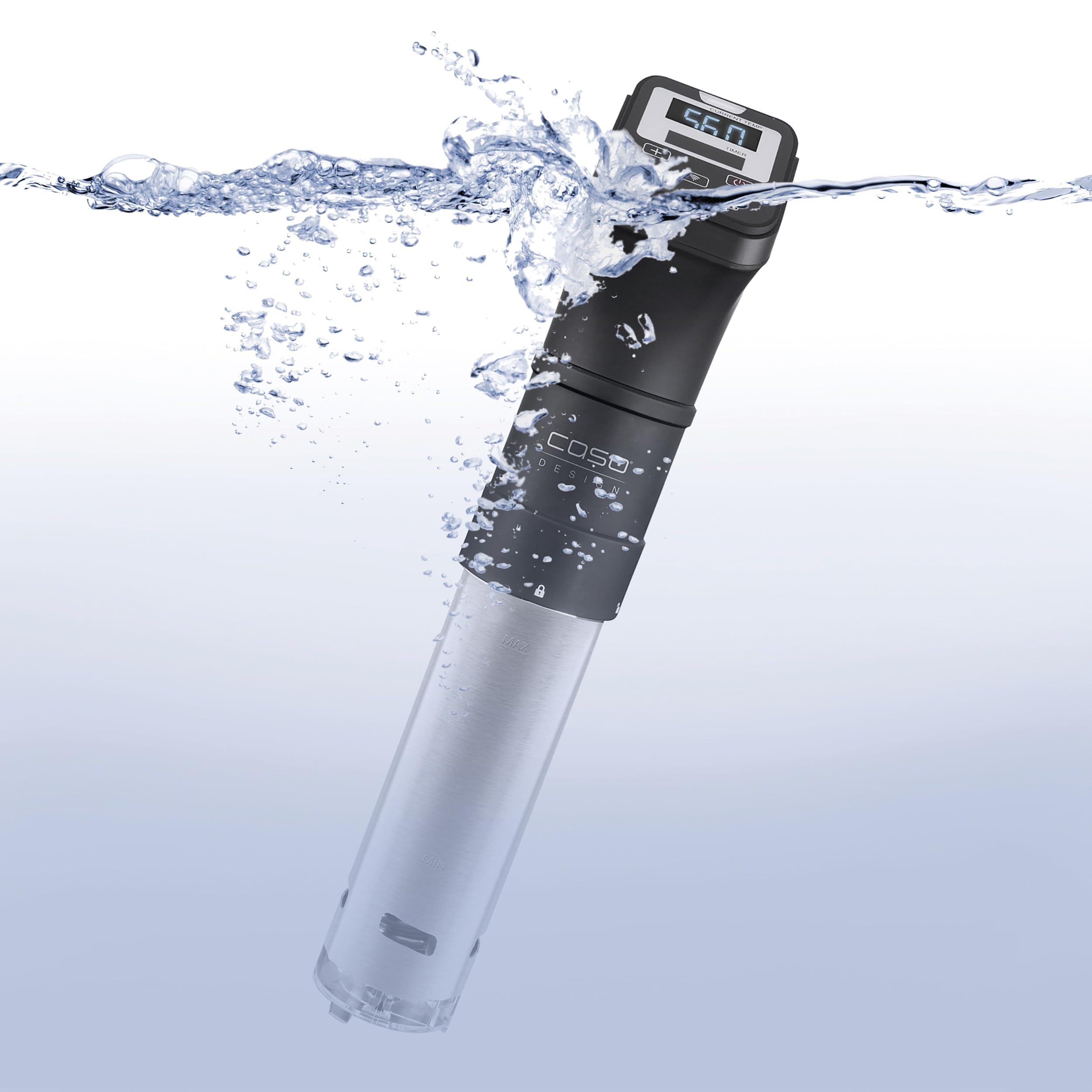 Caso 1327 SV 1200 Pro Smart. Regulación precisa de la temperatura hasta 90 °C en incrementos de 0,5 °C. Totalmente resistente al agua, 18/8, 30 litros, acero inoxidable, color negro.