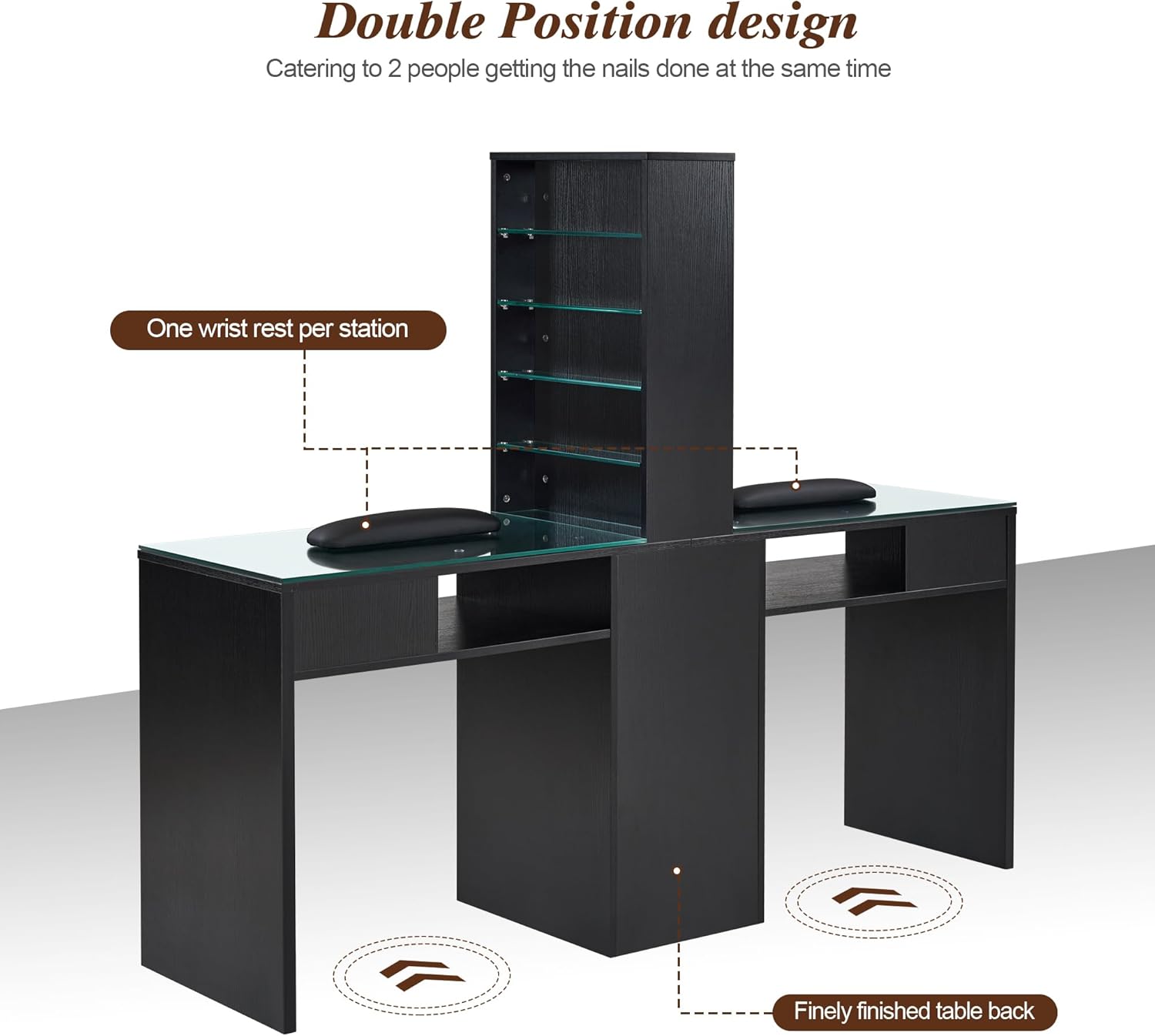 BarberPub Double Manicure Table for Storage, Beauty Nail Desk with Glass, Modern Nail Salon Makeup Station, Functional Manicure Workstation, Spa Equipment with Drawers & Shelves 2666 (Black)