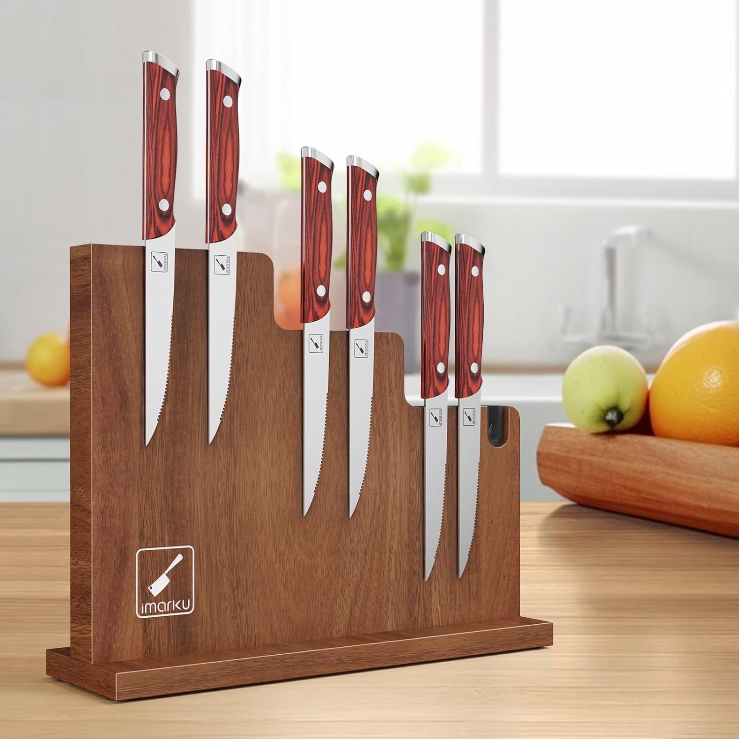 imarku Steak Knives Set of 6 & Magnetic Knife Block with Knife Sharpener