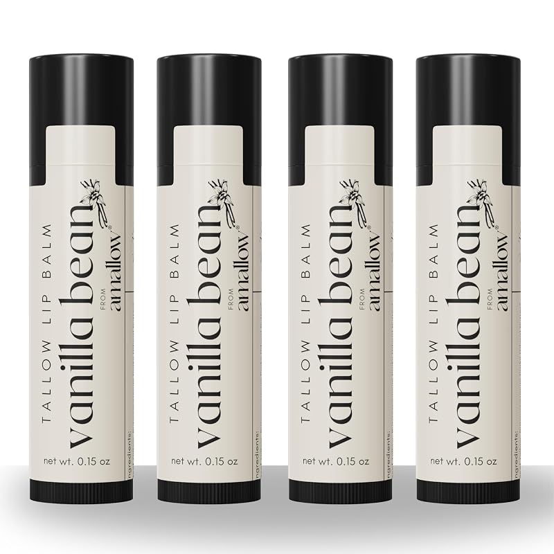 Bálsamo labial Amallow Vanilla Bean com sebo bovino, manteiga de karité e cera de abelha — Pacote com 4