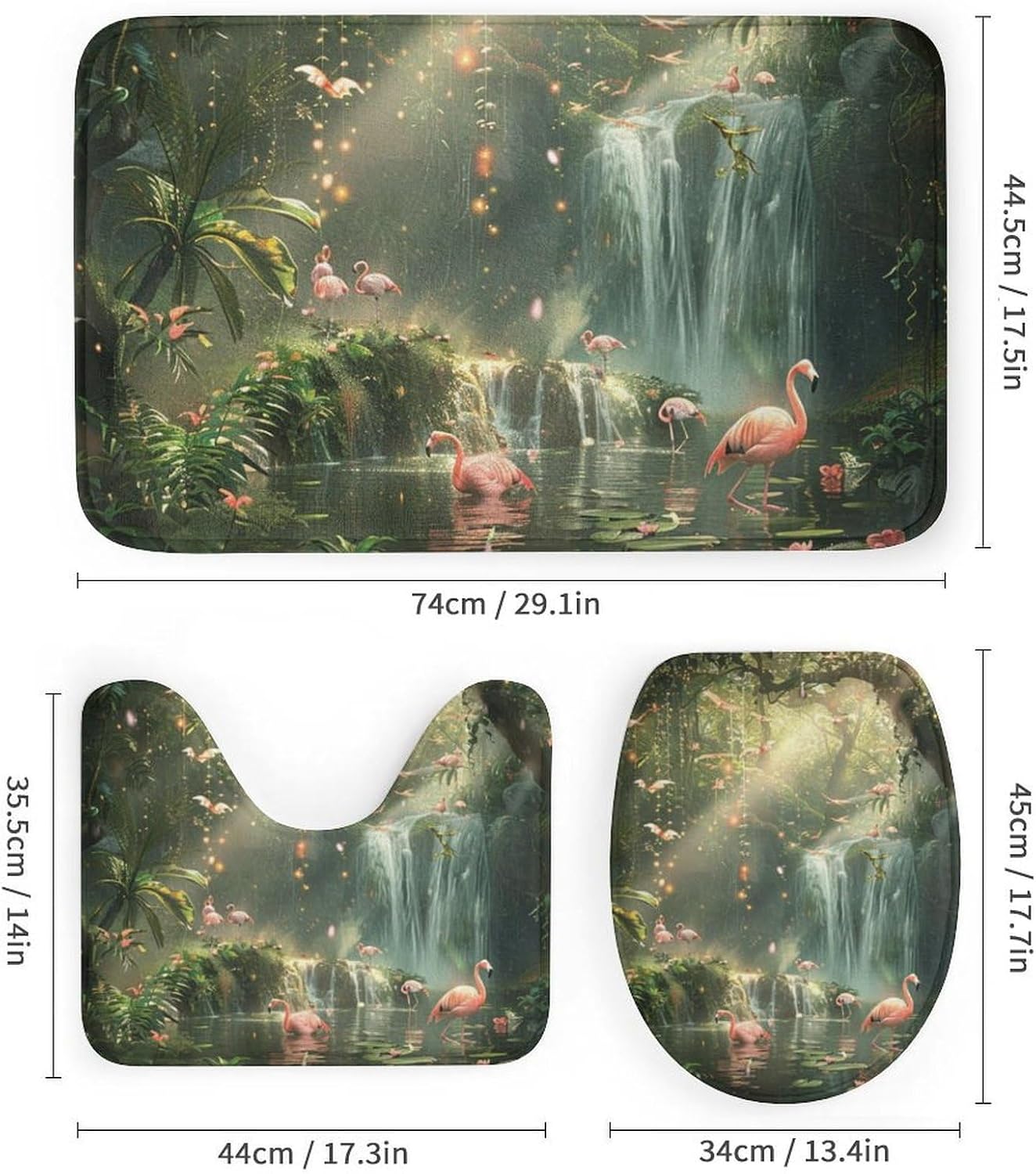 4Pcs Flamingo Fantasy Shower Curtain Sets with Rugs, Toilet Lid Cover and Bath Mat, Nature Forest Palm Tree Waterfall Bathroom Shower Curtains Set with 12 Hooks