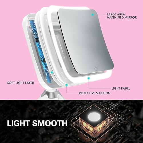 Miniatura 8 de Espejo de maquillaje iluminado de 10 aumentos mejorados con luces LED blancas naturales, espejos de maquillaje portátiles inalámbricos giratorios de