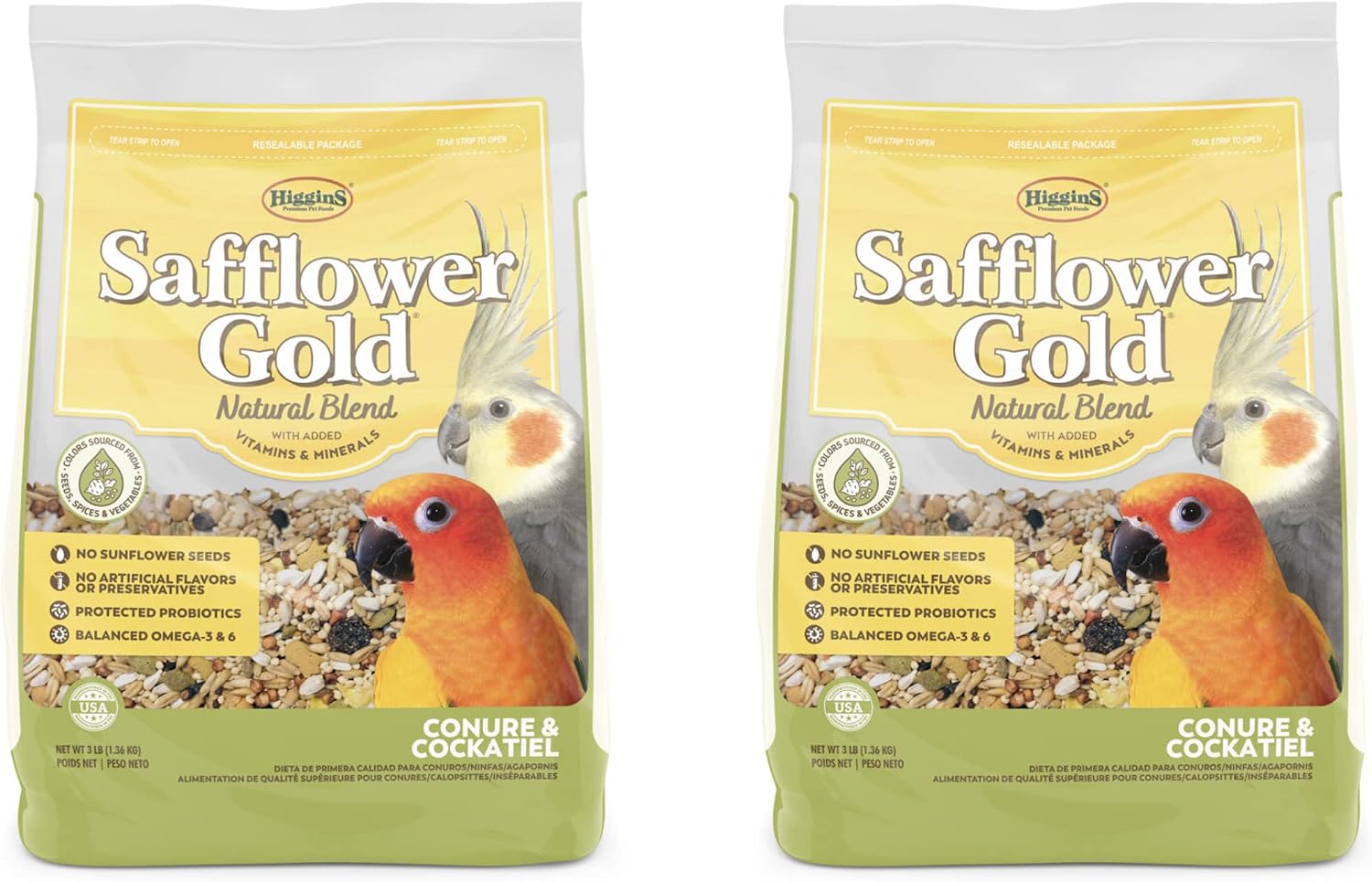 Higgins 2 Pack Safflower Gold Natural Conure & Cockatiel Food. 3 LBS. Ea Safflower Gold Natural Conure & Cockatiel Food. 2 Bags 6 Pounds…