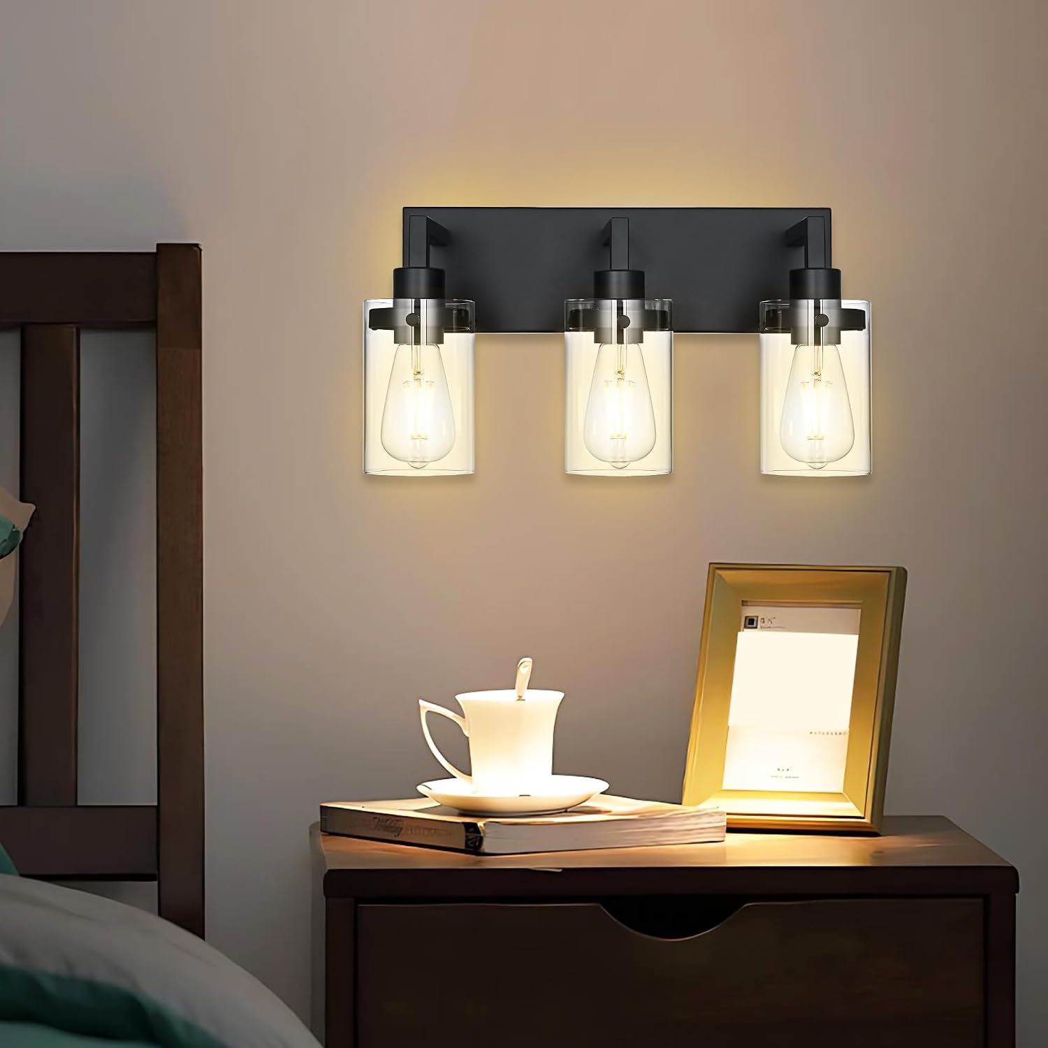 3 Lights Classic Bathroom Vanity Light Fixtures Over Mirror Wall Sconce Lighting in Black Finish,Industrial Indoor Wall Mounted Fixture with Clear Glass Shade for Bedroom Hallway