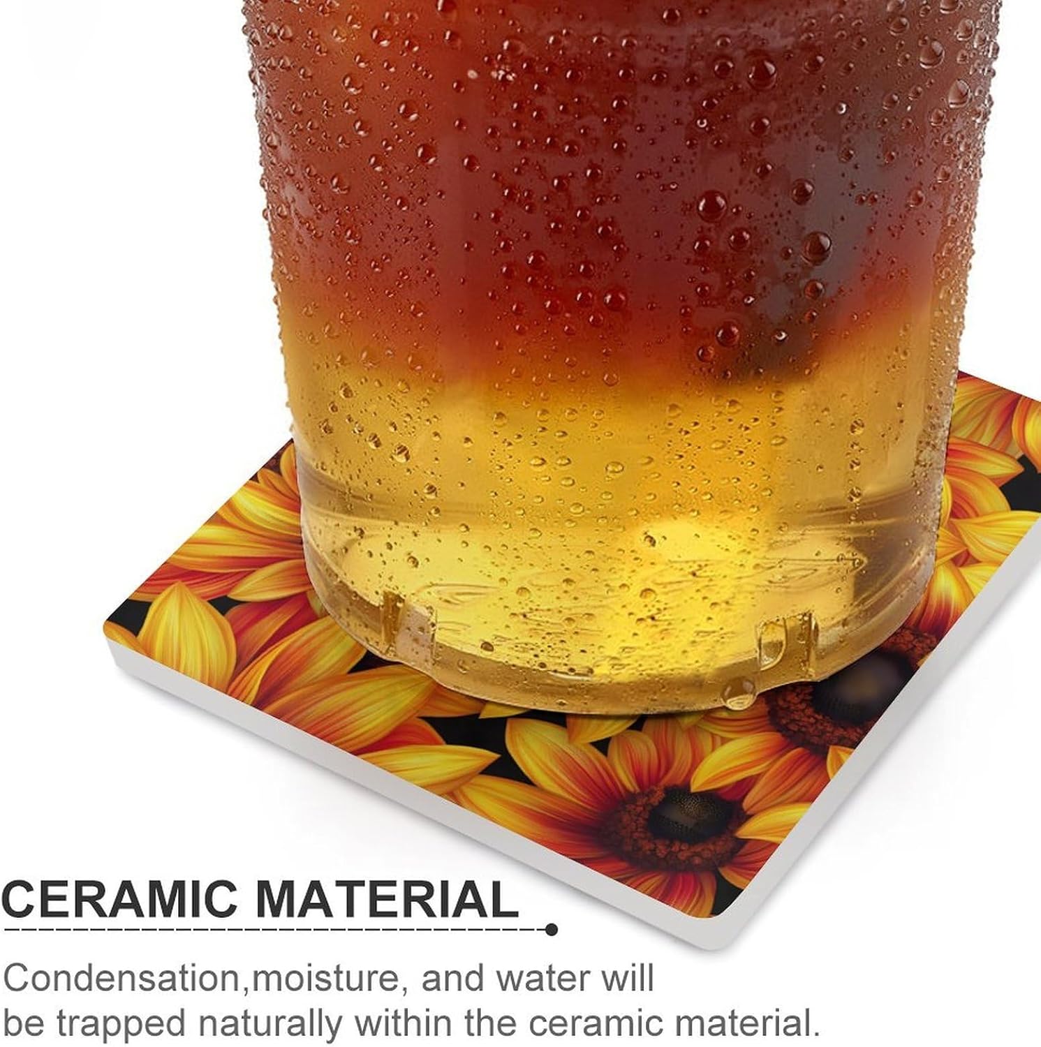Sunflowers Floral Coasters for Drinks Square Ceramic Coasters Cup Mats with Cork Base