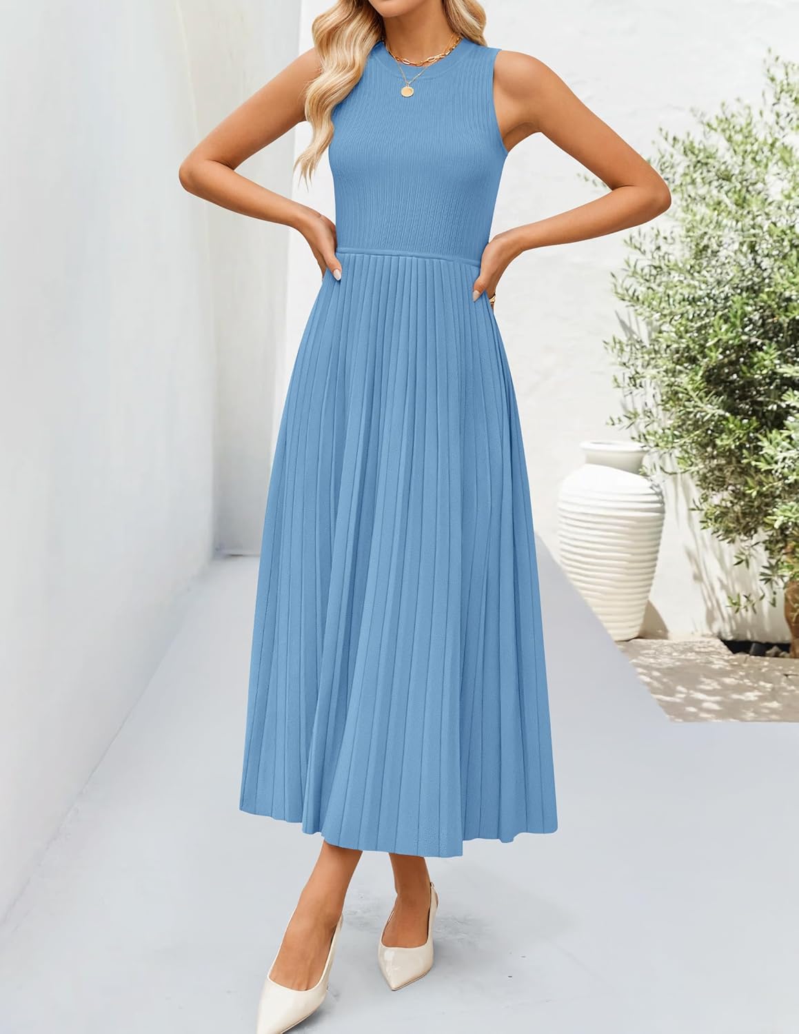 ZESICA Women's 2026 Summer Sleeveless Midi Dresses Casual Crewneck Ribbed Knit Pleated A Line Swing Long Party Dress - Image 8