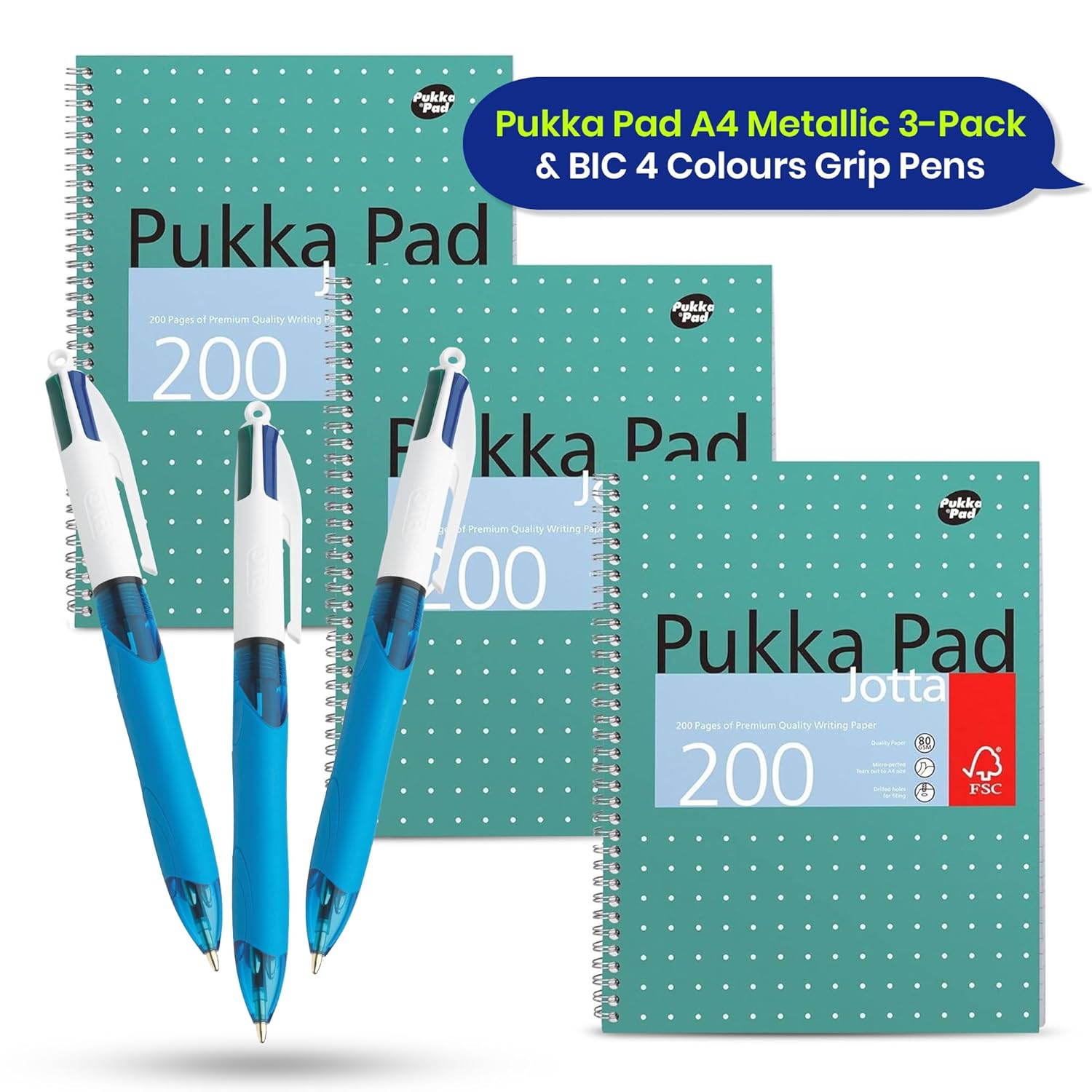 BIC 3x 4 Colours Retractable Ballpoint Pens & Pukka Pad A4 Metallic Jotta Book 3 Pack, Wirebound Notebook 8mm Lines 80GSM Paper 4-Hole Punch Margins Perforated Edges 200 Pages for School & Office