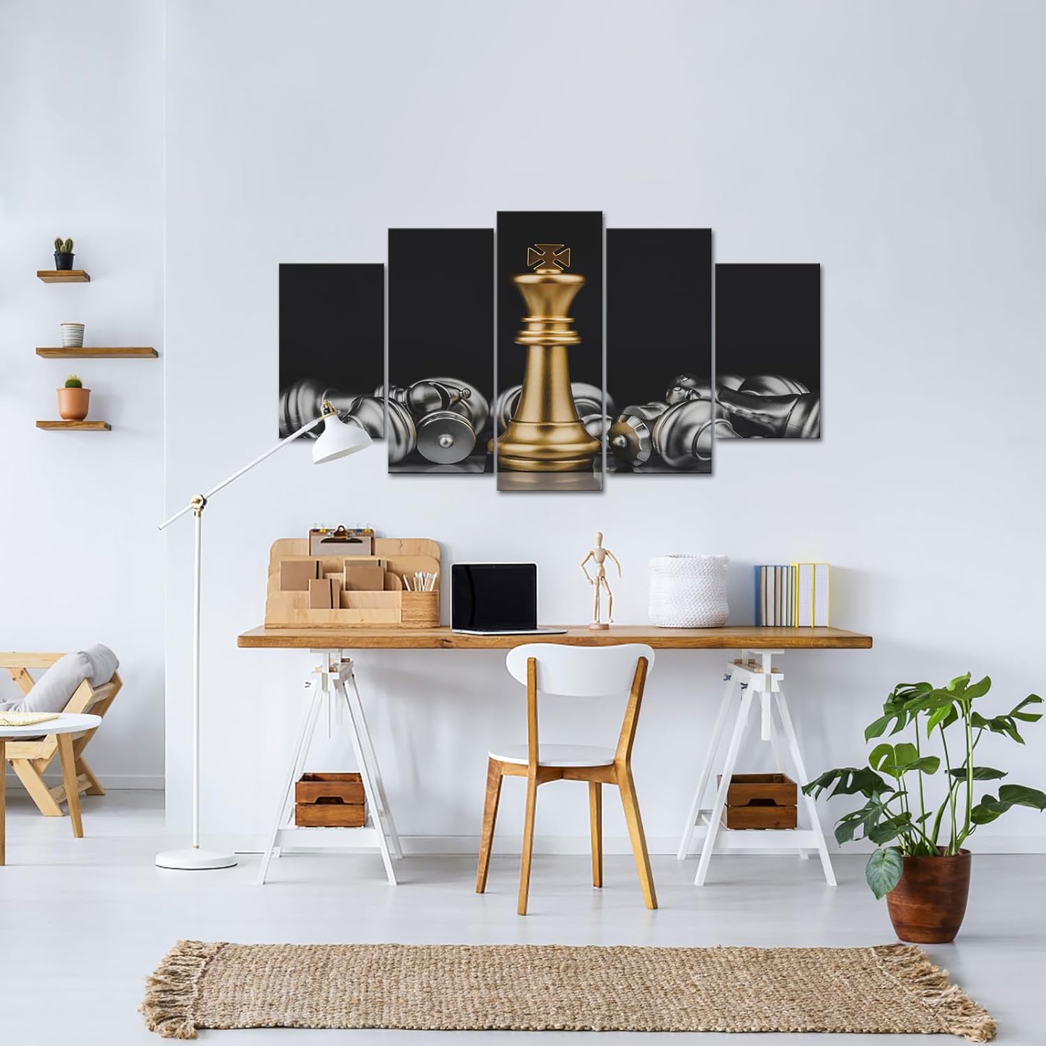 VANSEEING 5 Panel Chess Canvas Wall Art Prints King and Knight Game Picture Painting Black and Gold Artwork for Home Office Decoration Ready to Hang