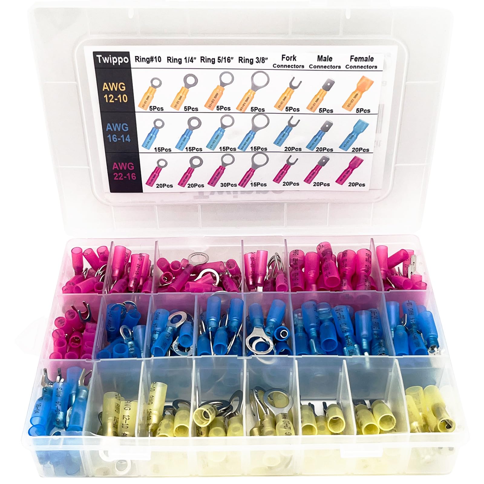 Twippo 300Pcs Waterproof Heat Shrink Wire Connectors Kit, Automotive Electrical Connector Terminals Kit, Fork Ring and Spade Connectors for Car and