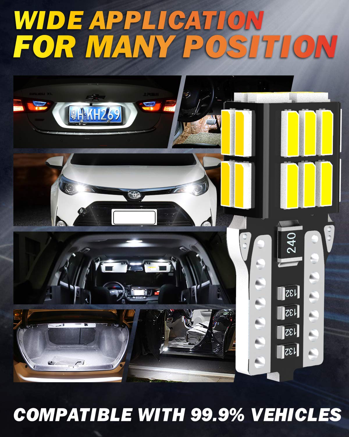OUSHI T10 W5W LED Ampoules De Voiture, Lampe 194 168 2825 Xénon Blanc 6500K 12V Voiture De Remplacement Intérieur Side Dôme Plaque D'immatriculation Parking Réserve Lumière (Pack de 10)