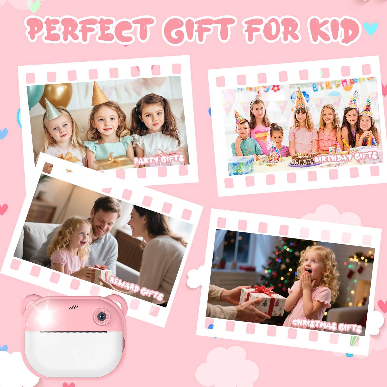 Macchina Fotografica Bambini Istantanea, Fotocamera Digitale con Carta da Stampa e Scheda TF da 32 G, Penne Colora, Regalo Natale Bambino e Bambina 3-14 Anni (Rosa)