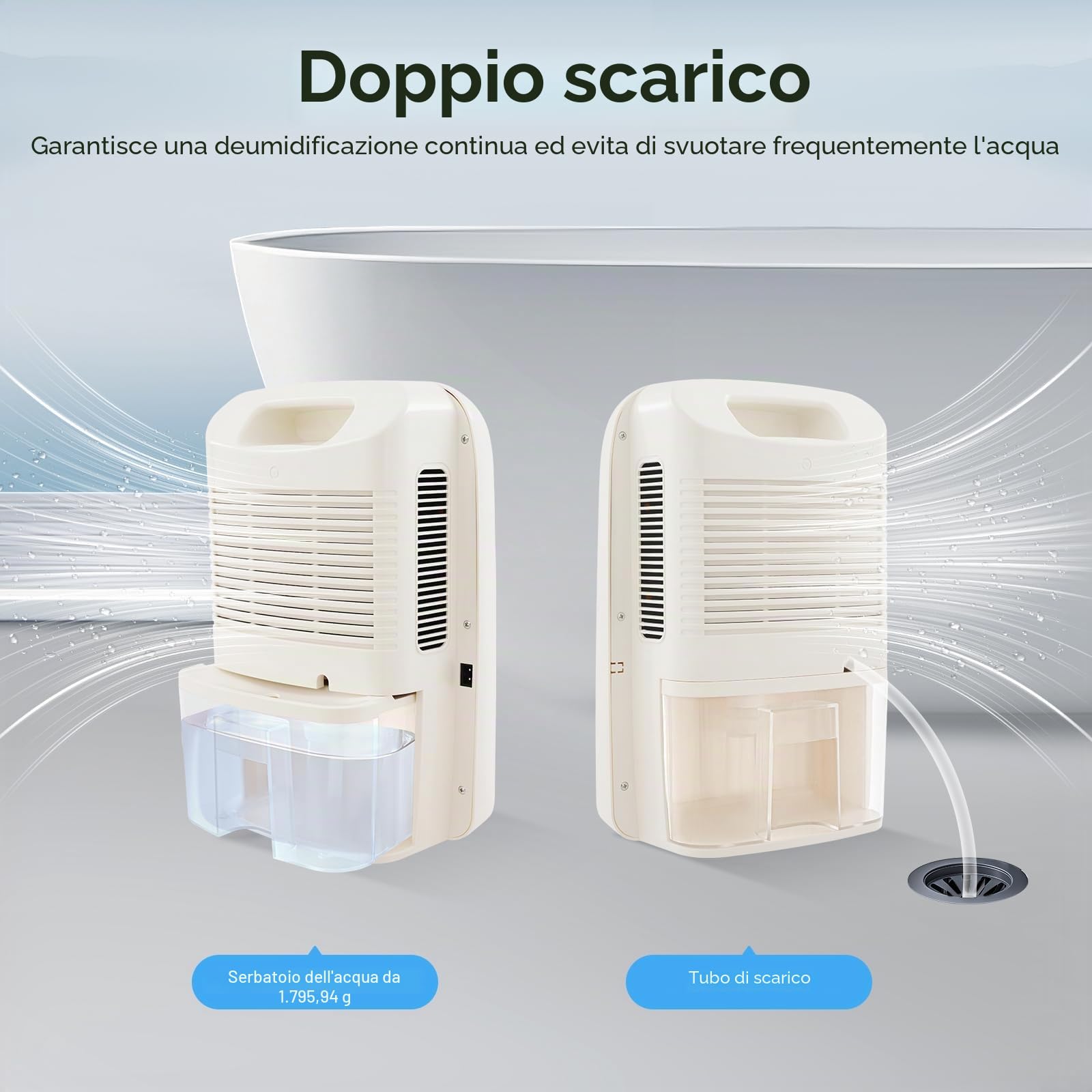 Deumidificatore elettrico con tubo di scarico, serbatoio dell'acqua da 2,5 l, deumidificazione dell'aria silenziosa, asciuga ambienti fino a 500 ml al giorno