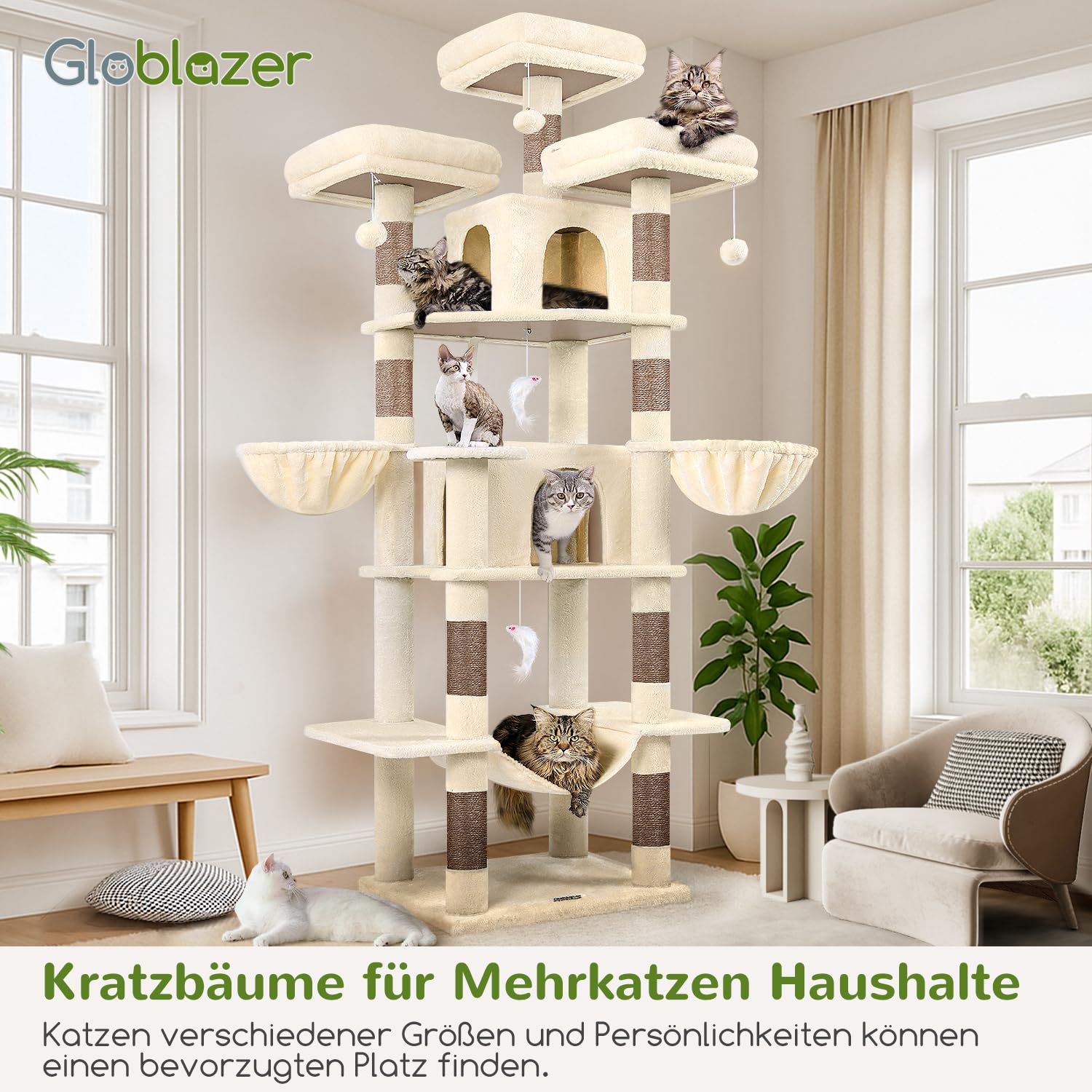 Globlazer Kratzbaum Beige Große XXL hoch 204 cm mit 3 Gepolsterte Sitzstangen, 2 Katzenhaus, 2 Korb, Hängematte, Luxus Katzenbaum Stabil für 3-5 Erwachsene Katze Ausruhen Spielen Kratzen (F80, Beige)