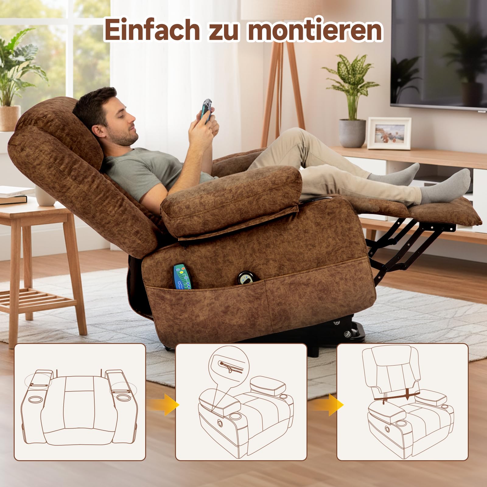 HAUSPROFI Fernsehsessel mit Aufstehhilfe Elektrisch,Massagesessel mit Wärmefunktion,Relaxsessel mit Liegefunktion,Samt Sessel Wohnzimmer mit Ablagefach, 2 Getränkehalter & 6 Seitentaschen