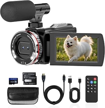 4K Camcorder Video Camera, Vlogging Camera for YouTube with External Mic, Digital Zoom & 3.0 Flip Screen, 2 Batteries, 64GB Card & Remote Control