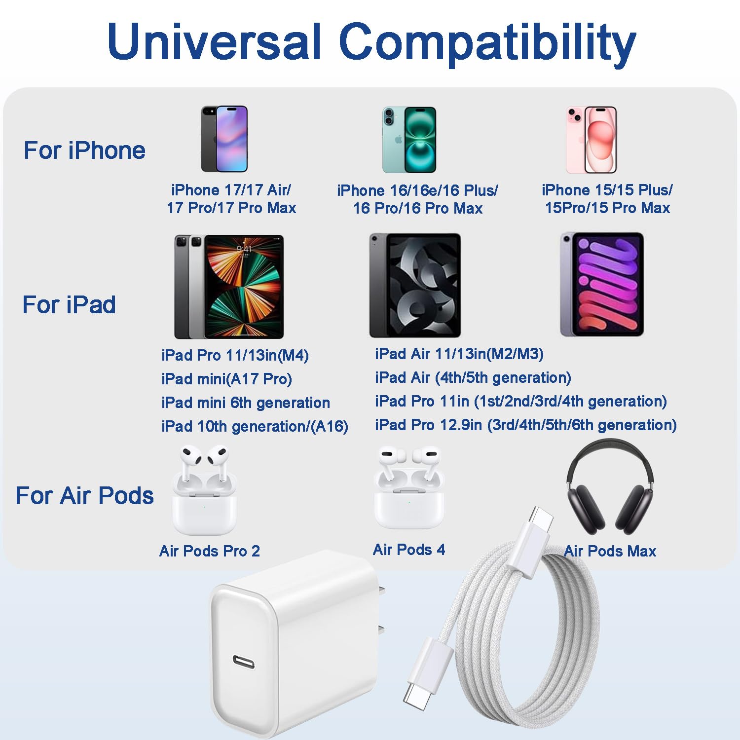 Caricabatterie rapido per iPhone 17, 16, 15, Pro Max, ricarica rapida, confezione da 3 pezzi, 20 W, con cavo per iPhone 17/17 Pro/17 Pro Max/17 Air/16/16e/16 Plus/16 Pro/16 Pro Max/15/15 Pro Max/iPad