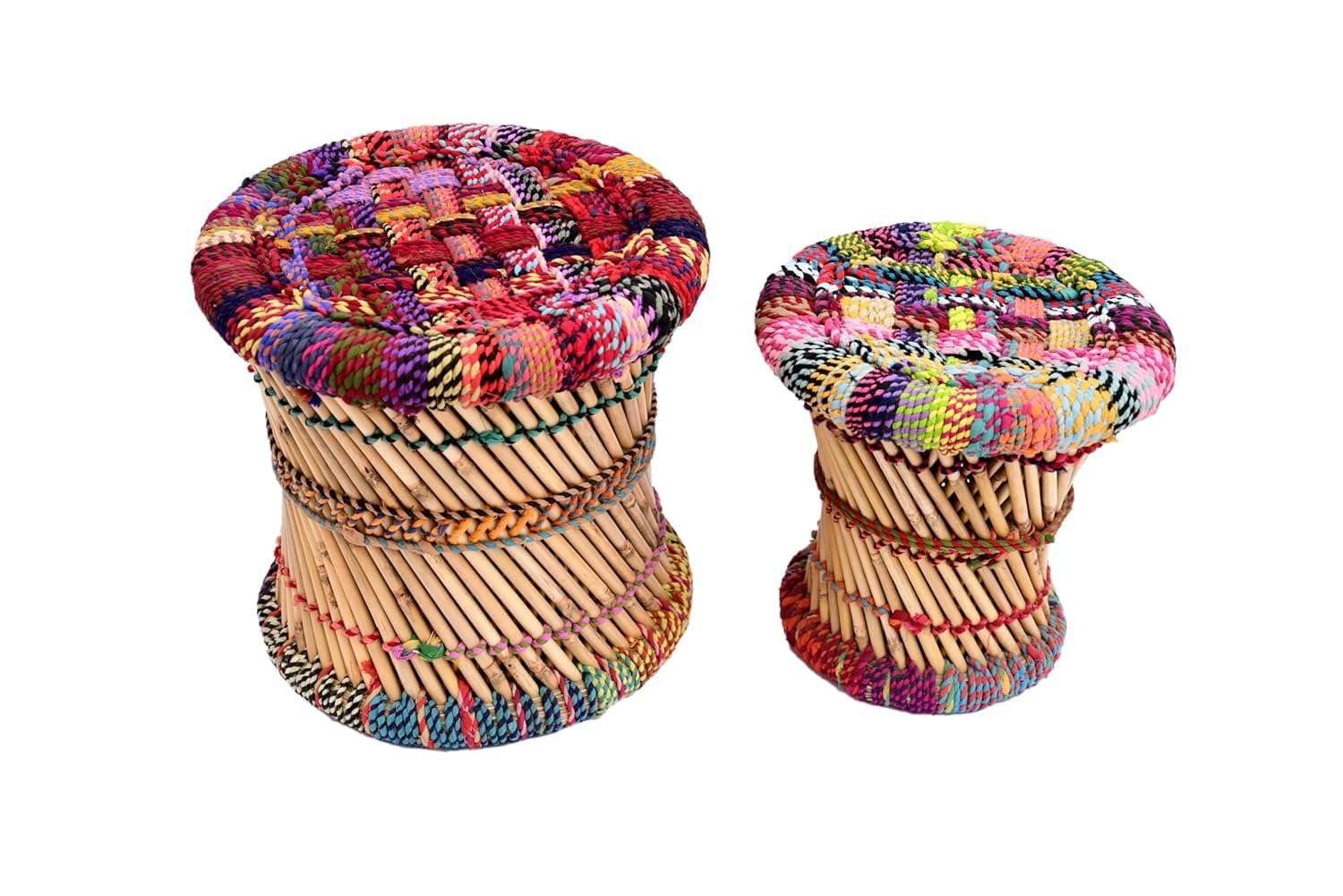 Eco-Friendly Cane Wood Bamboo Sitting Stool Set of 2, Handmade Bamboo Mudda Chair, Nesting Round Bamboo Stools for Kids & Adults, Indoor & Outdoor Living Room, Natural Brown-image-13