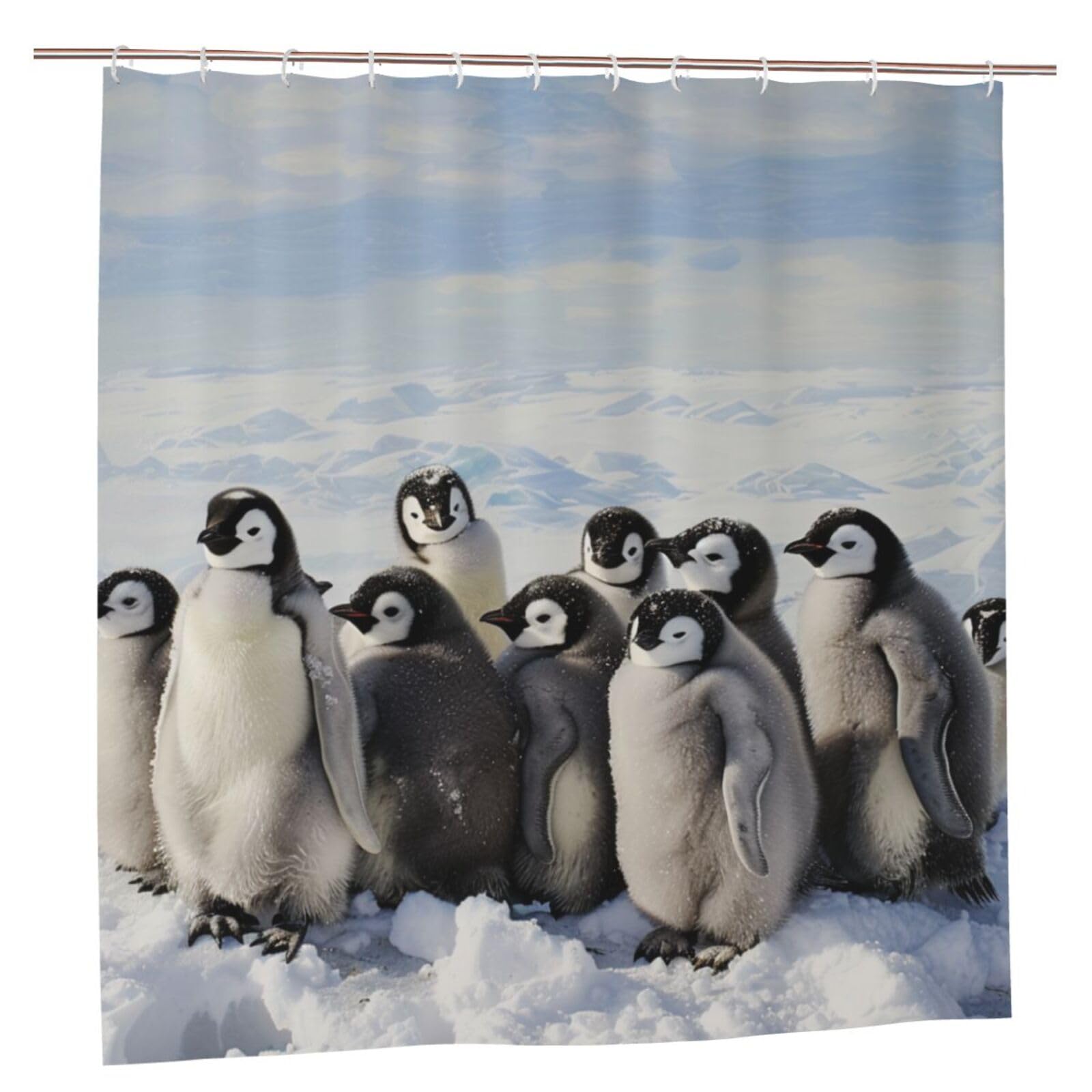 BWWHCCTI Young Penguins With Snow Printed Shower Curtain With 12 Plastic Hooks Opaque Quick Drying Waterproof Shower Curtains Sets For Bathroom 183x183 CM
